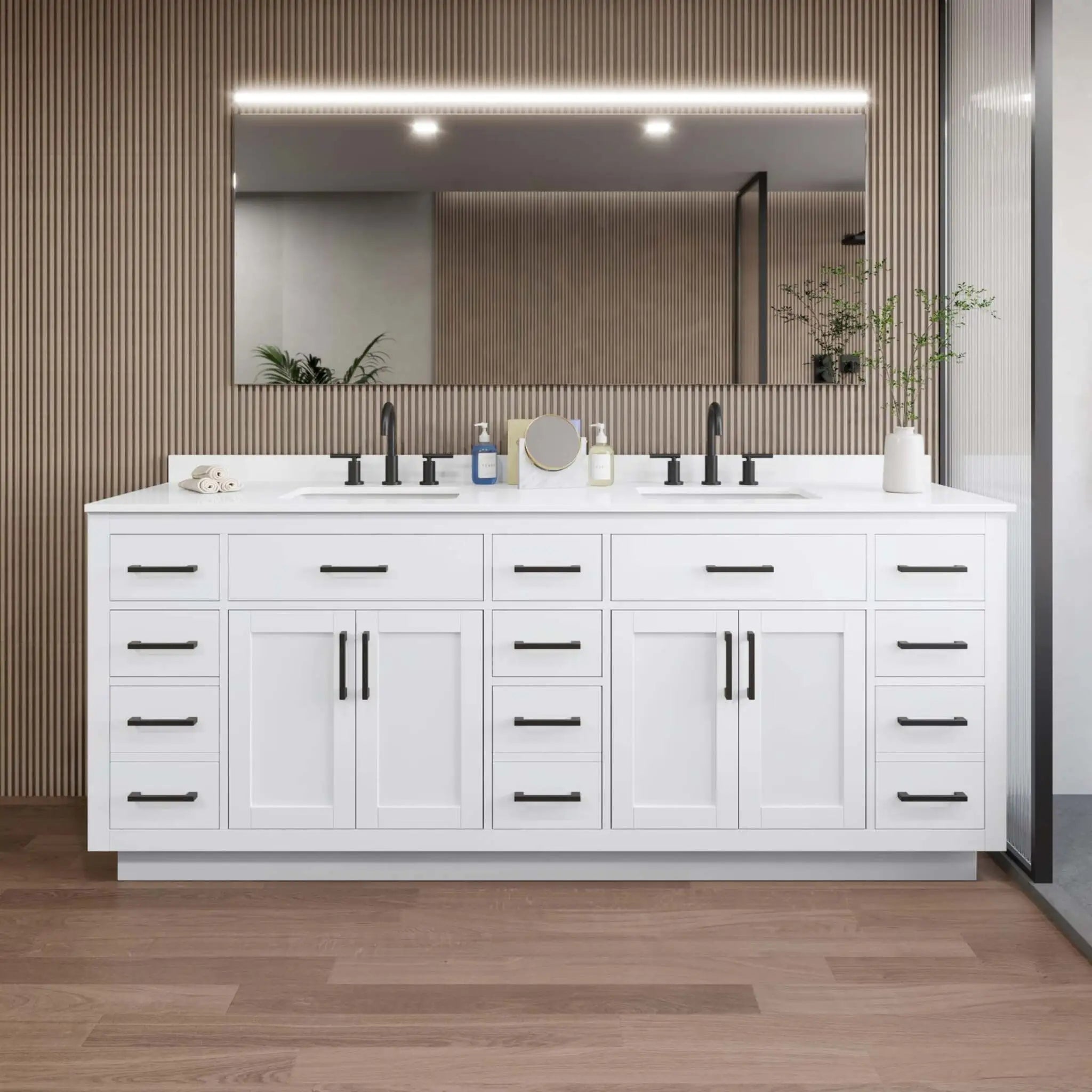 84" Beckett TK Beckett Double Bathroom Vanity with Toe Kick in White with Matte Black Trim by Wyndham
