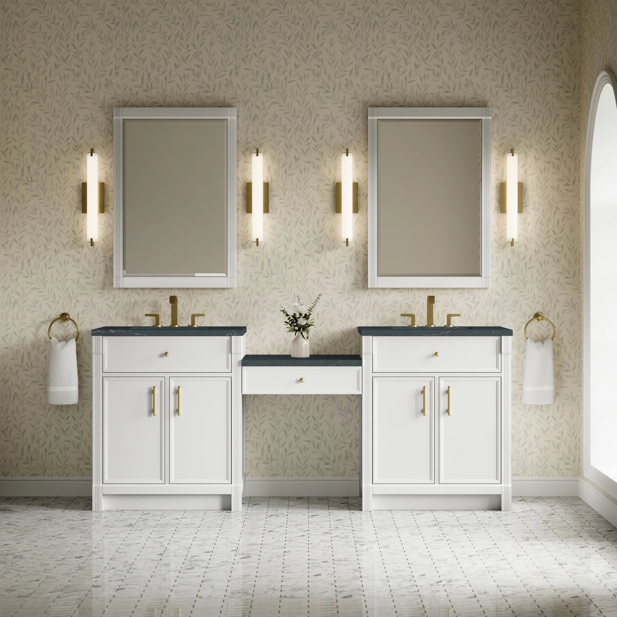 84" Bellshire Dual Vanity in Bright White with 24" Make-Up Counter by James Martin Vanities-Charcoal Soapstone Silestone 1