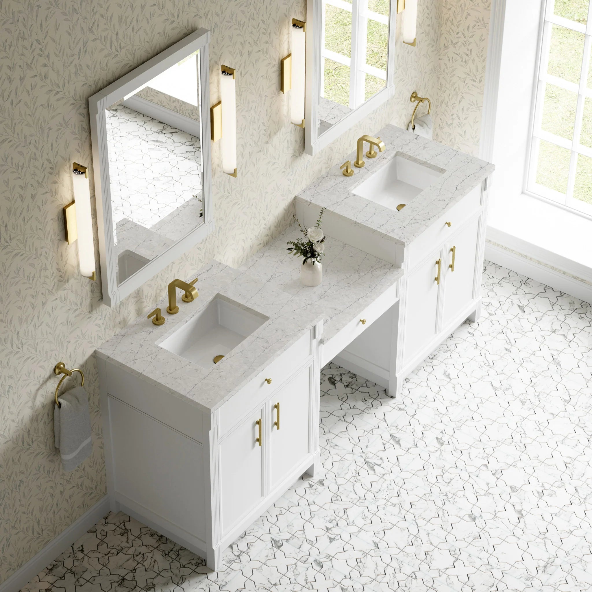 84" Bellshire Dual Vanity in Bright White with 24" Make-Up Counter by James Martin Vanities-Eternal Jasmine Pearl Silestone 3