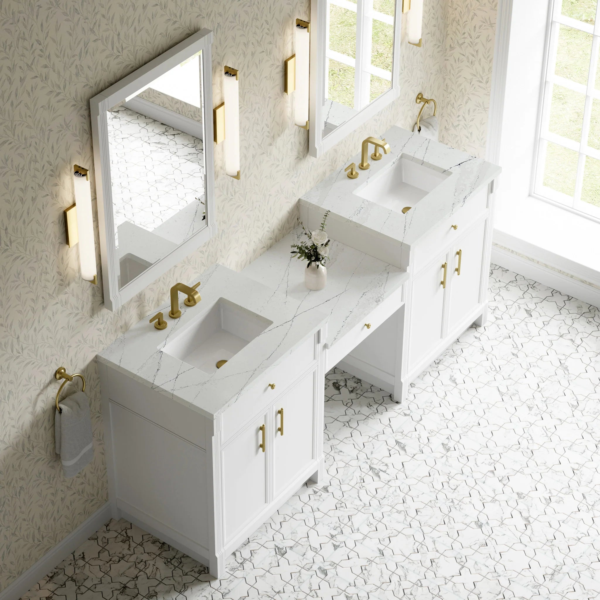 84" Bellshire Dual Vanity in Bright White with 24" Make-Up Counter by James Martin Vanities-Ethereal Noctis Silestone 3