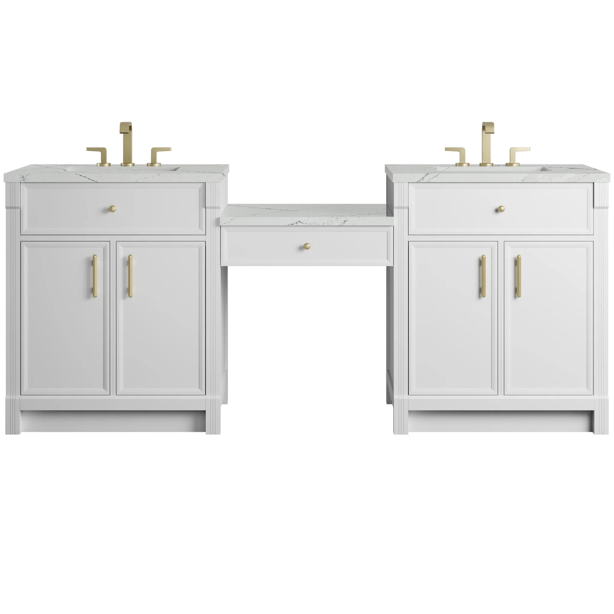 84" Bellshire Dual Vanity in Bright White with 24" Make-Up Counter by James Martin Vanities-Ethereal Noctis Silestone