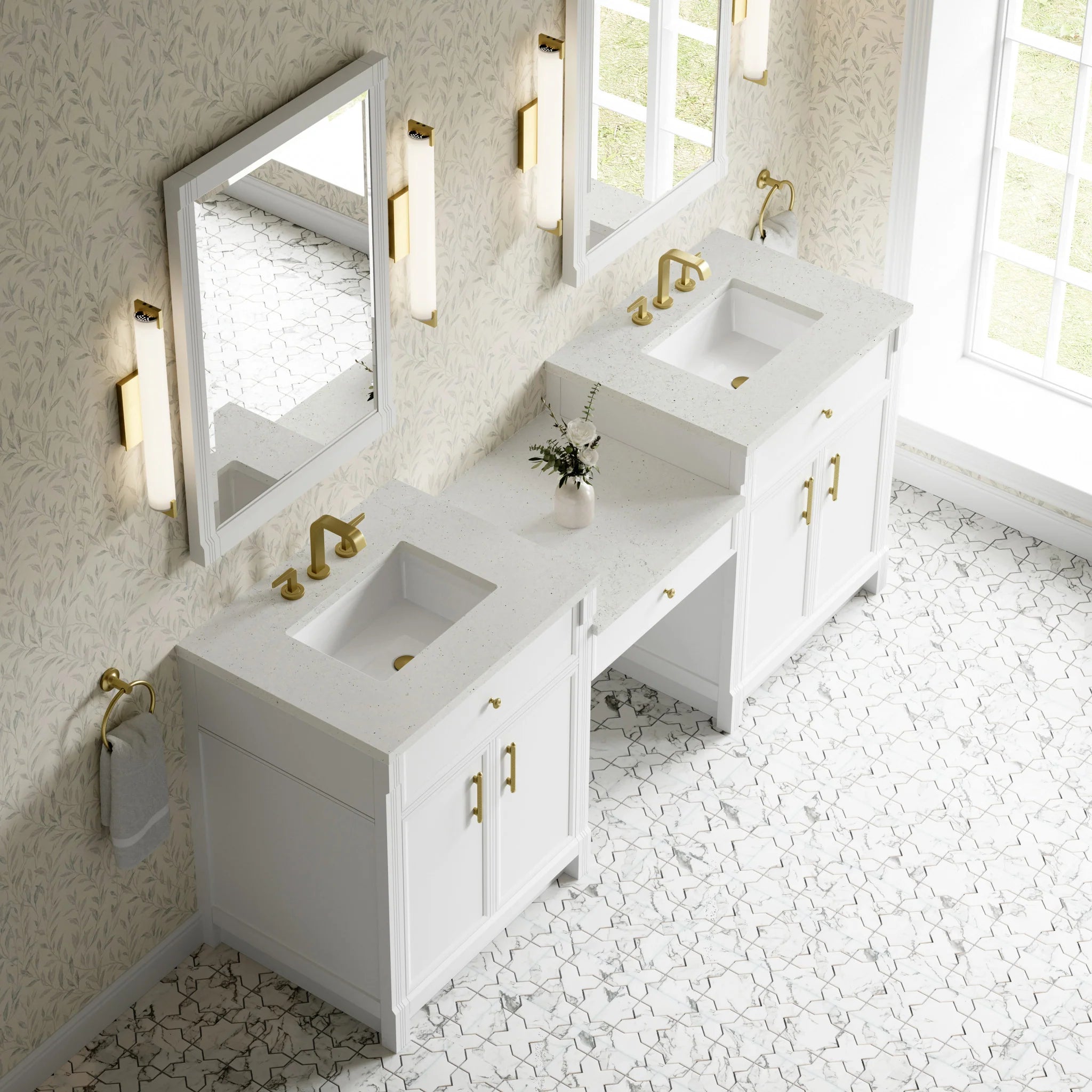 84" Bellshire Dual Vanity in Bright White with 24" Make-Up Counter by James Martin Vanities-Lime Delight Silestone 3