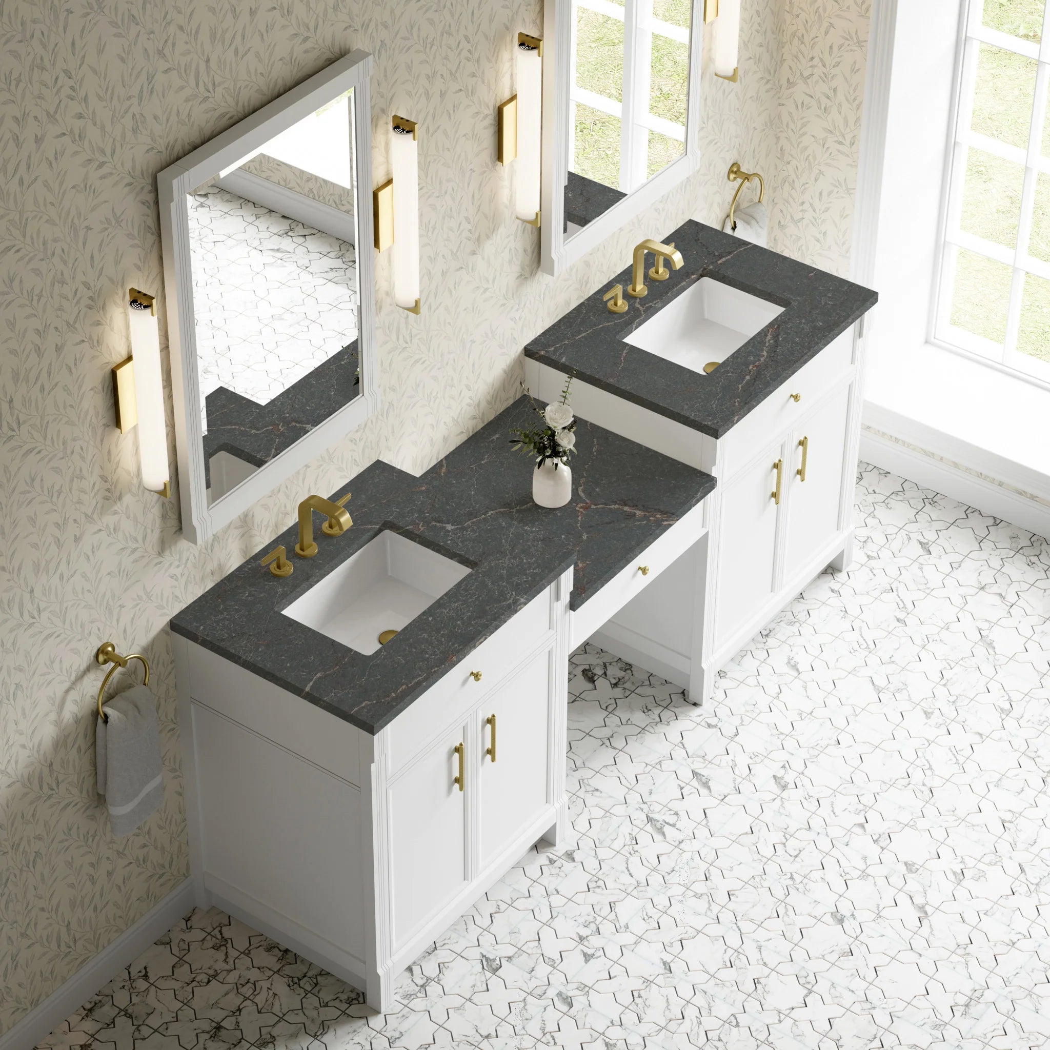 84" Bellshire Dual Vanity in Bright White with 24" Make-Up Counter by James Martin Vanities-Parisien Bleu Silestone 3