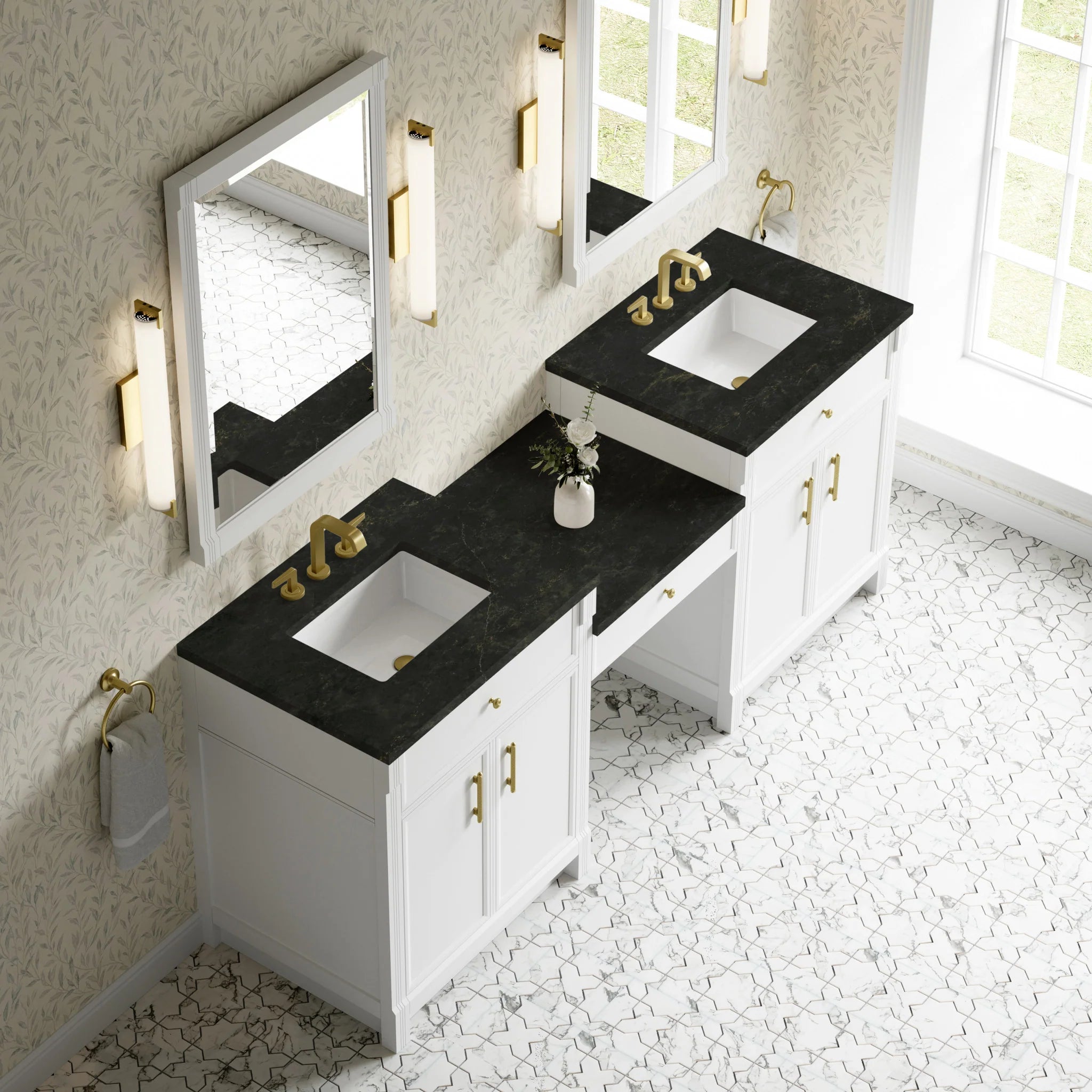 84" Bellshire Dual Vanity in Bright White with 24" Make-Up Counter by James Martin Vanities-Phantome Eclos 3