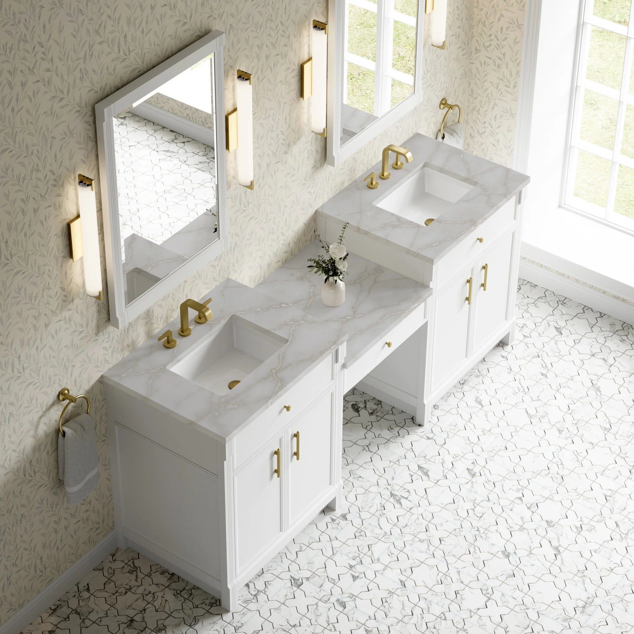 84" Bellshire Dual Vanity in Bright White with 24" Make-Up Counter by James Martin Vanities-Victorian Silver Silestone 3