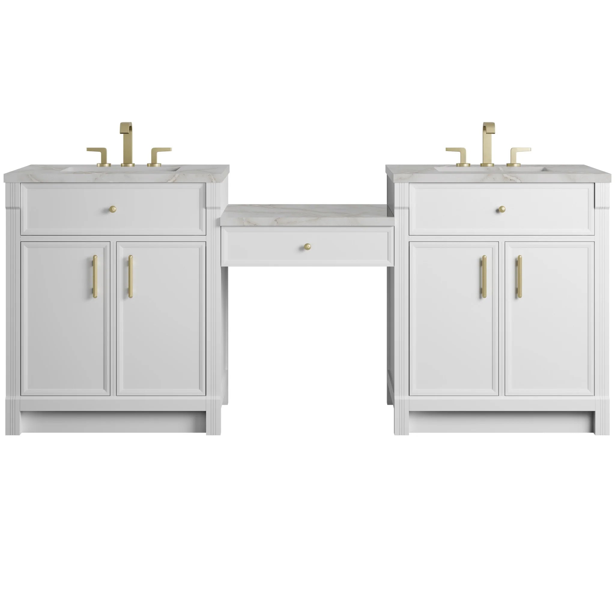 84" Bellshire Dual Vanity in Bright White with 24" Make-Up Counter by James Martin Vanities-Victorian Silver Silestone