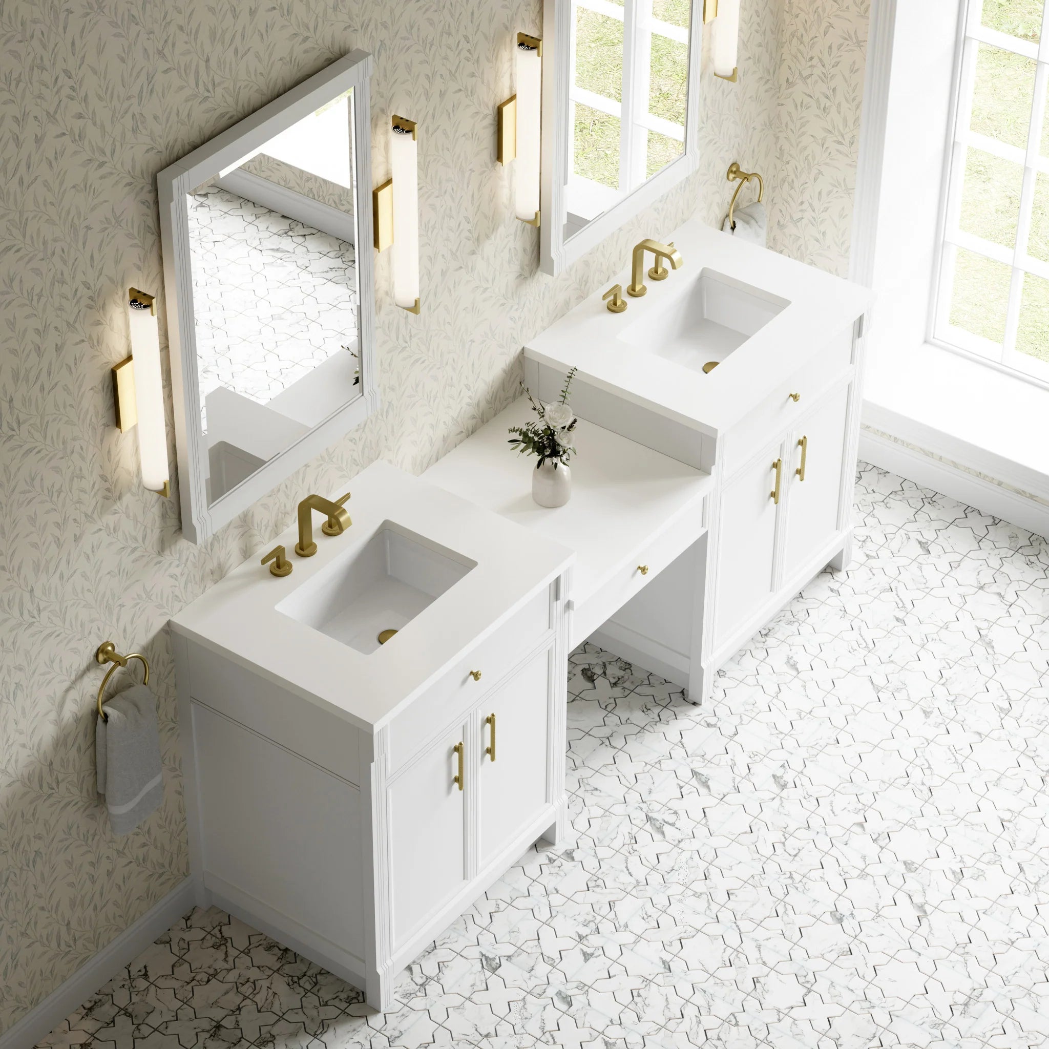84" Bellshire Dual Vanity in Bright White with 24" Make-Up Counter by James Martin Vanities-White Zeus Silestone 3