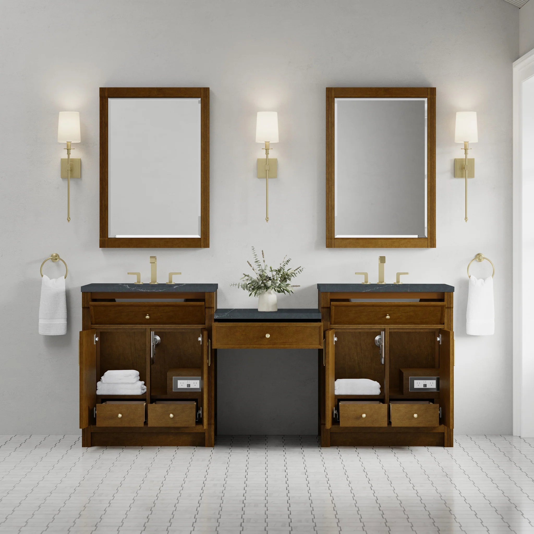 84" Bellshire Dual Vanity in Honey Oak with 24" Make-Up Counter by James Martin Vanities-Charcoal Soapstone Silestone 2