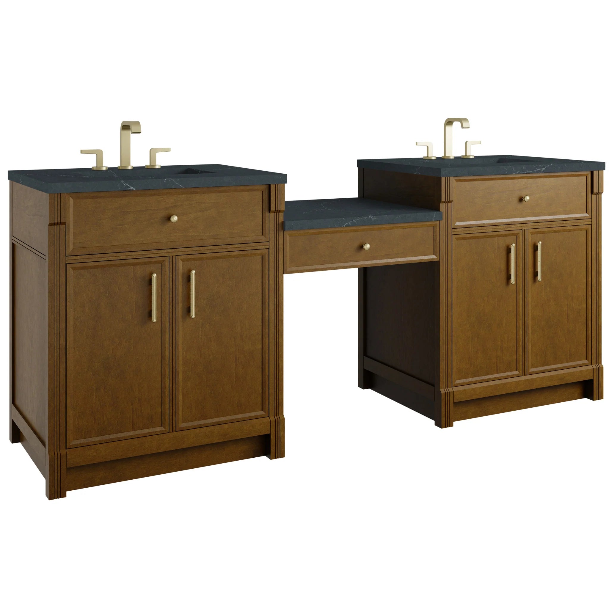 84" Bellshire Dual Vanity in Honey Oak with 24" Make-Up Counter by James Martin Vanities-Charcoal Soapstone Silestone 4