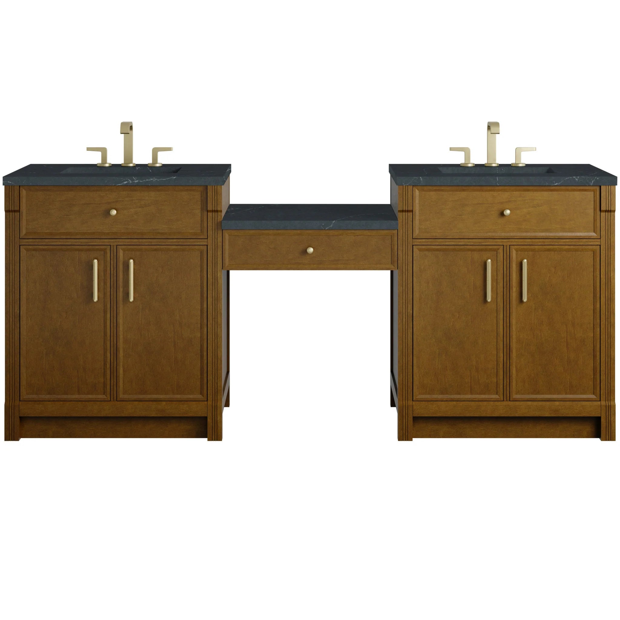 84" Bellshire Dual Vanity in Honey Oak with 24" Make-Up Counter by James Martin Vanities-Charcoal Soapstone Silestone