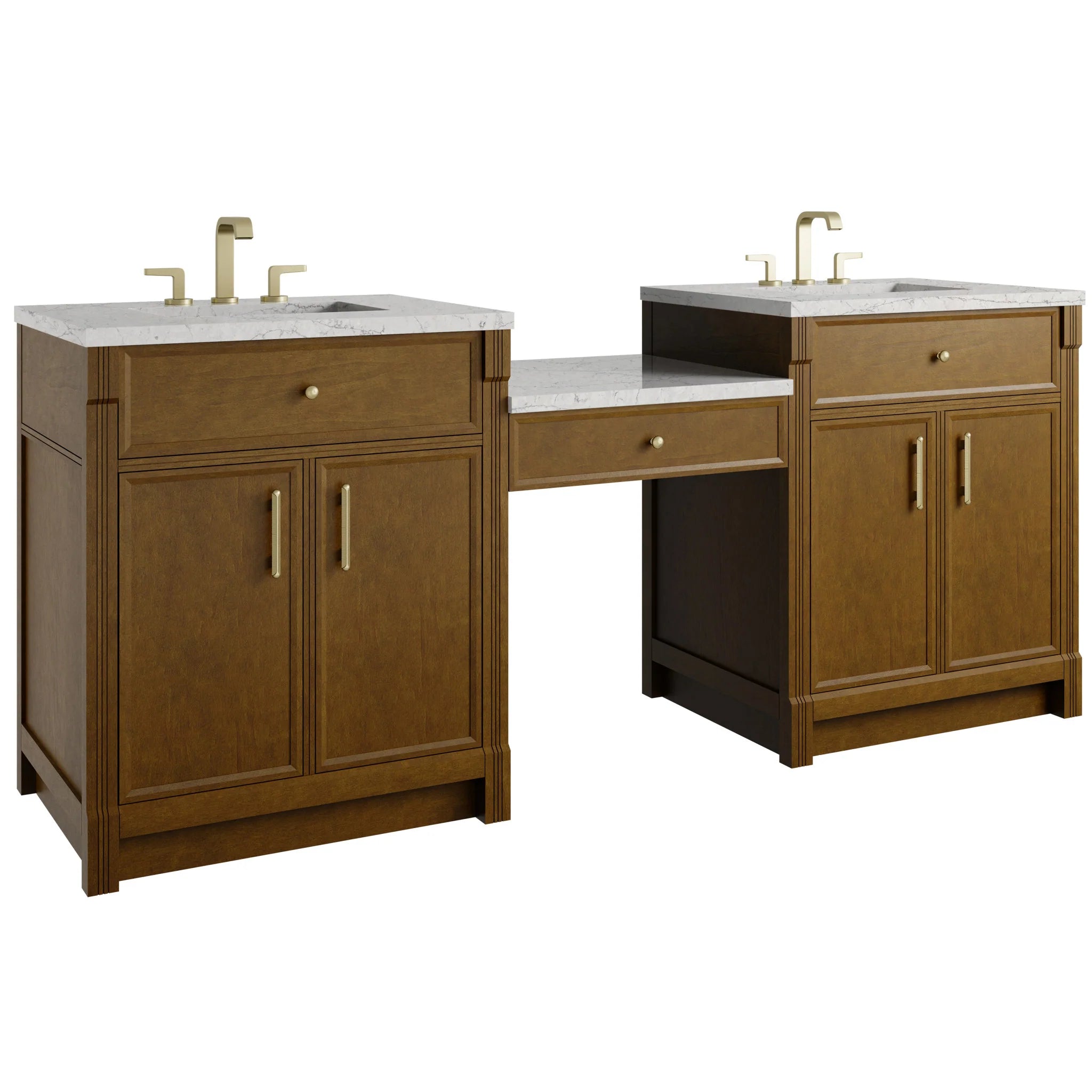 84" Bellshire Dual Vanity in Honey Oak with 24" Make-Up Counter by James Martin Vanities-Eternal Jasmine Pearl Silestone 4