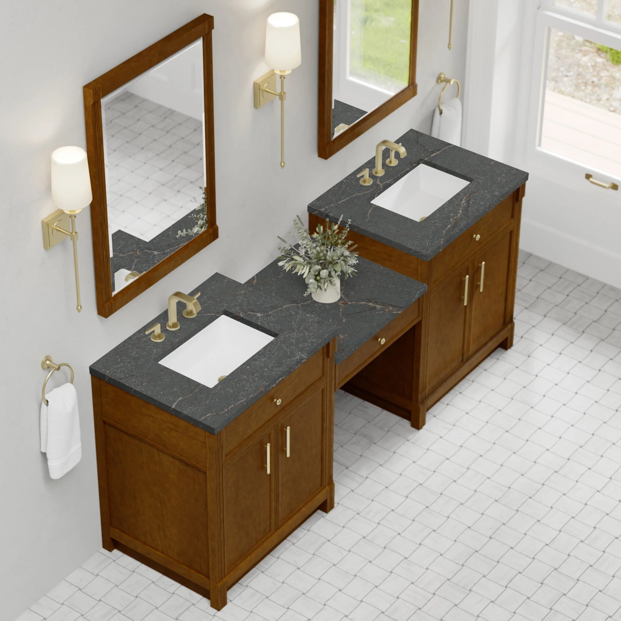 84" Bellshire Dual Vanity in Honey Oak with 24" Make-Up Counter by James Martin Vanities-Parisien Bleu Silestone 3