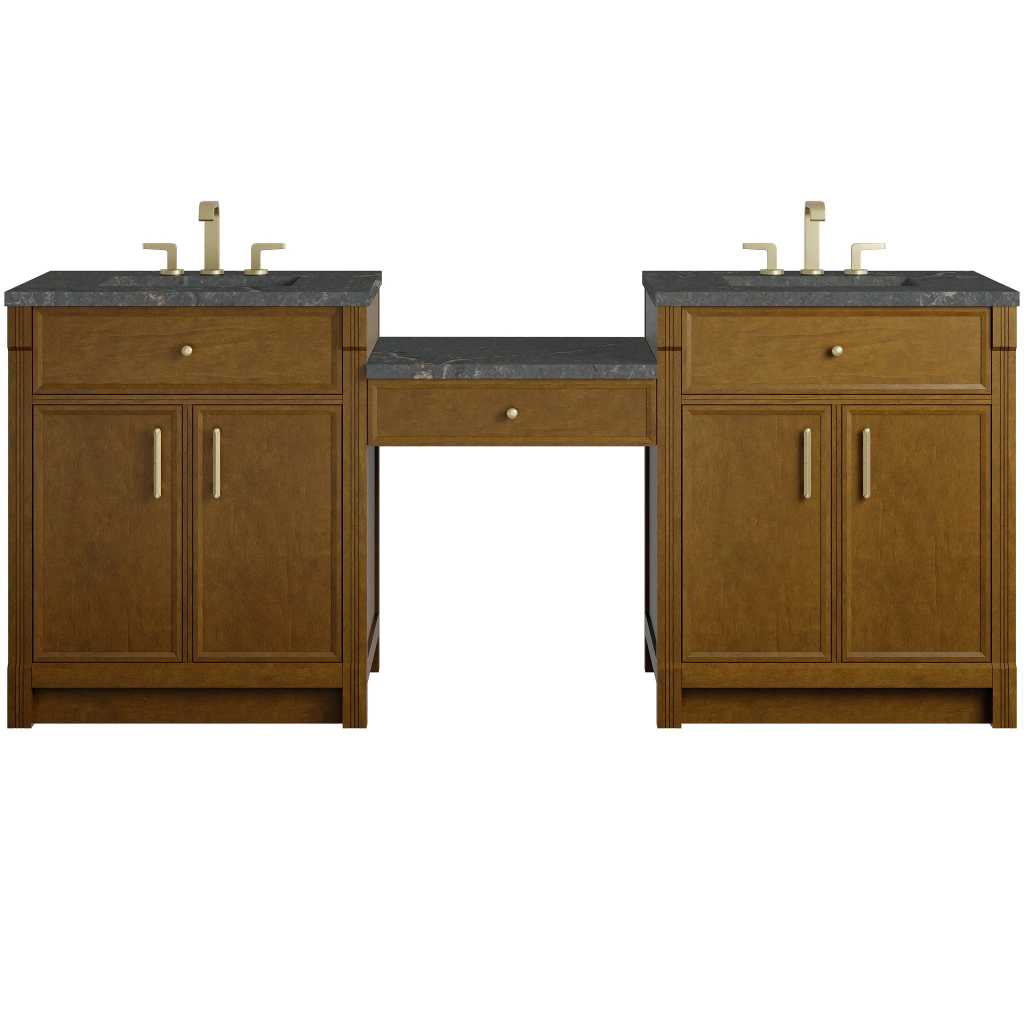 84" Bellshire Dual Vanity in Honey Oak with 24" Make-Up Counter by James Martin Vanities-Parisien Bleu Silestone