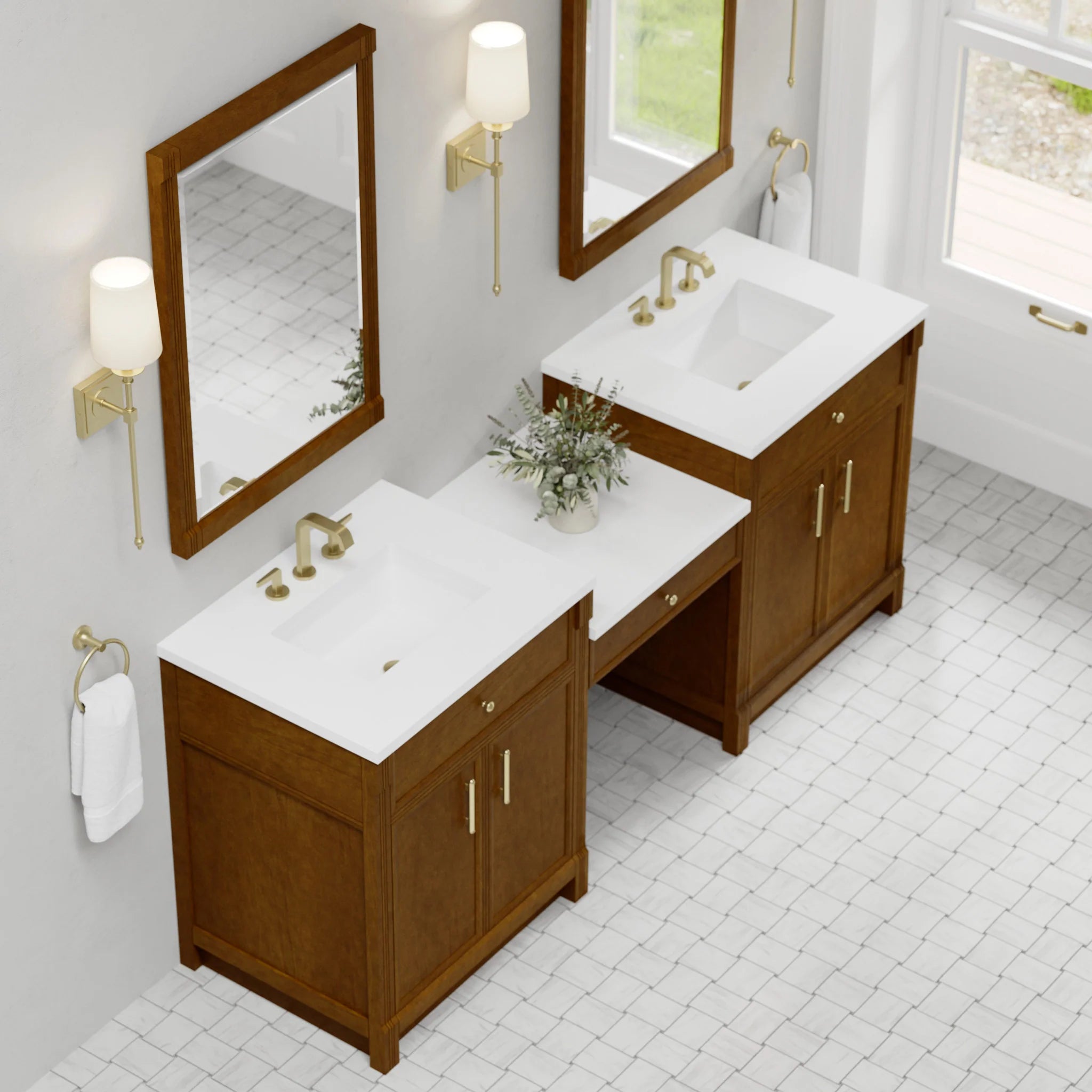 84" Bellshire Dual Vanity in Honey Oak with 24" Make-Up Counter by James Martin Vanities-White Zeus Silestone 3