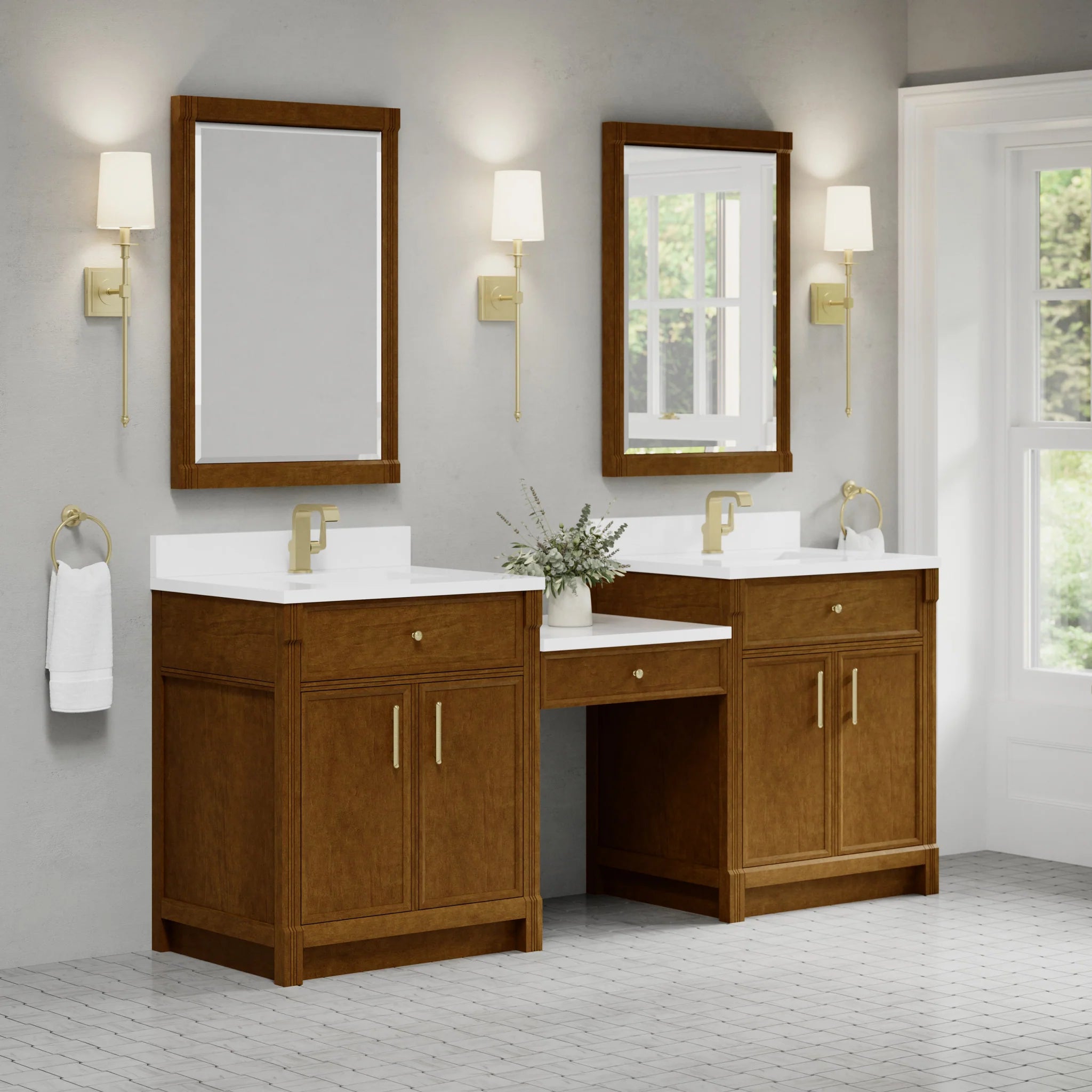 84" Bellshire Dual Vanity in Honey Oak with 24" Make-Up Counter by James Martin Vanities-White Zeus Silestone & Backsplash 2