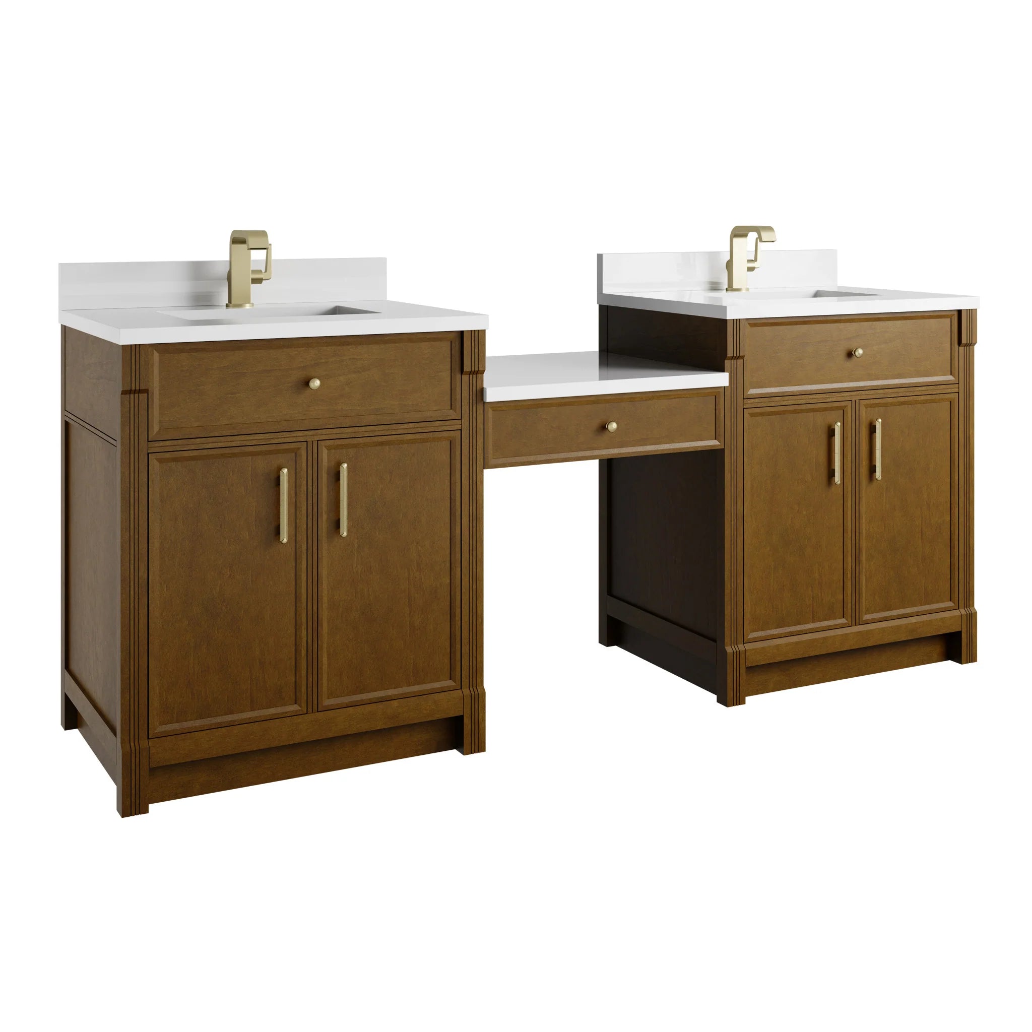 84" Bellshire Dual Vanity in Honey Oak with 24" Make-Up Counter by James Martin Vanities-White Zeus Silestone & Backsplash 5