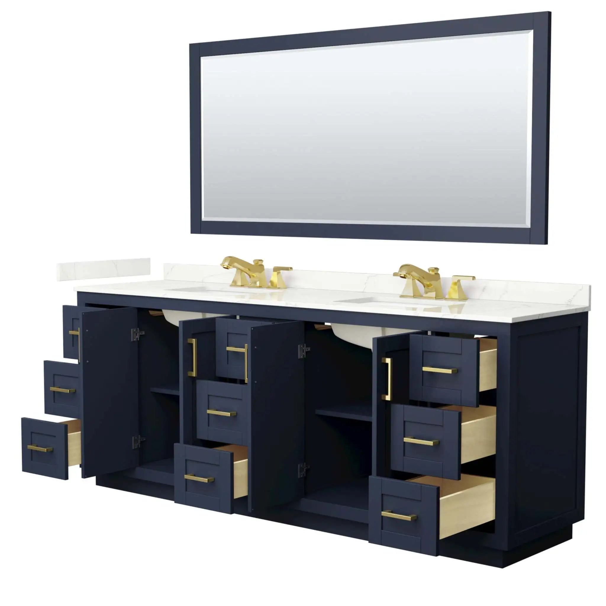 84" Miranda Double Bathroom Vanity in Dark Blue with Brushed Gold Trim & 70" Mirror by Wyndham