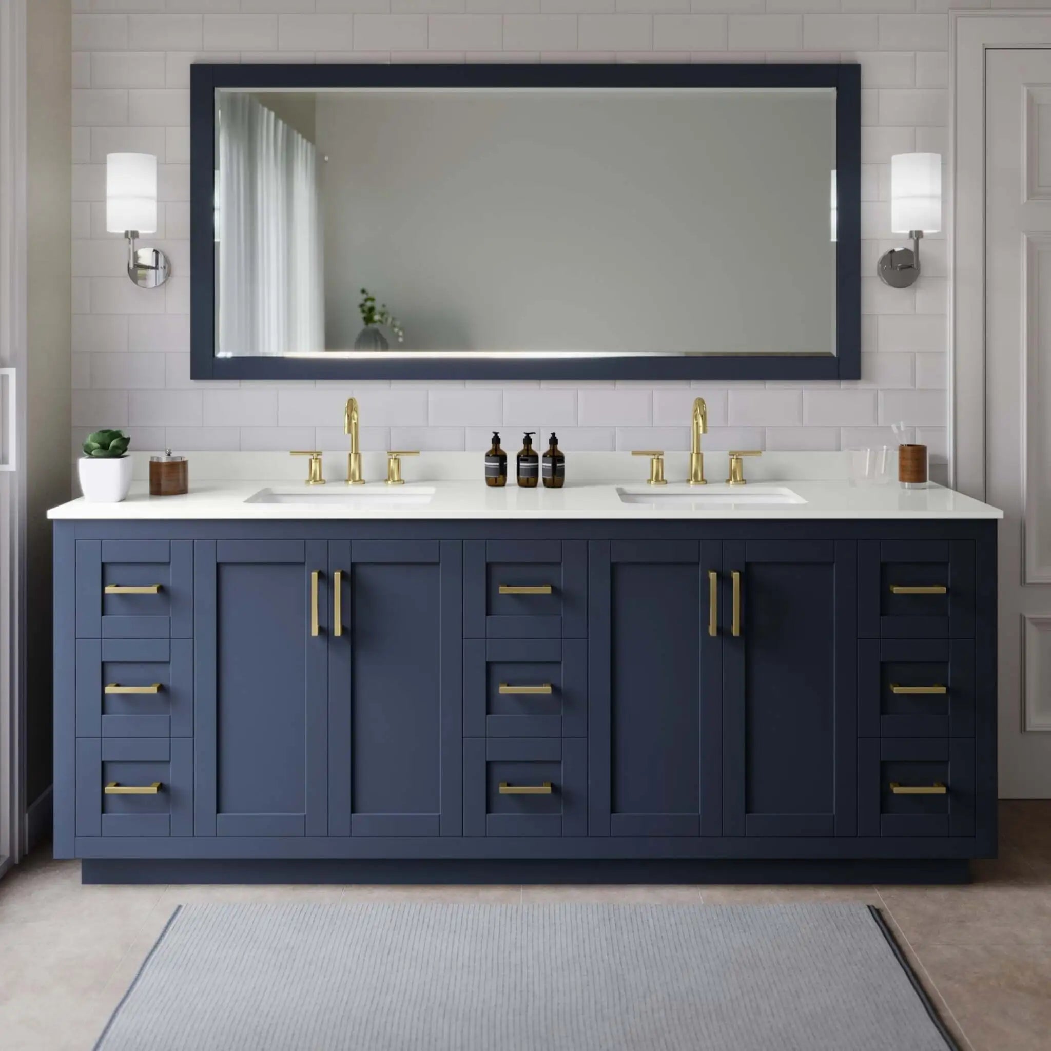 84" Miranda Double Bathroom Vanity in Dark Blue with Brushed Gold Trim by Wyndham