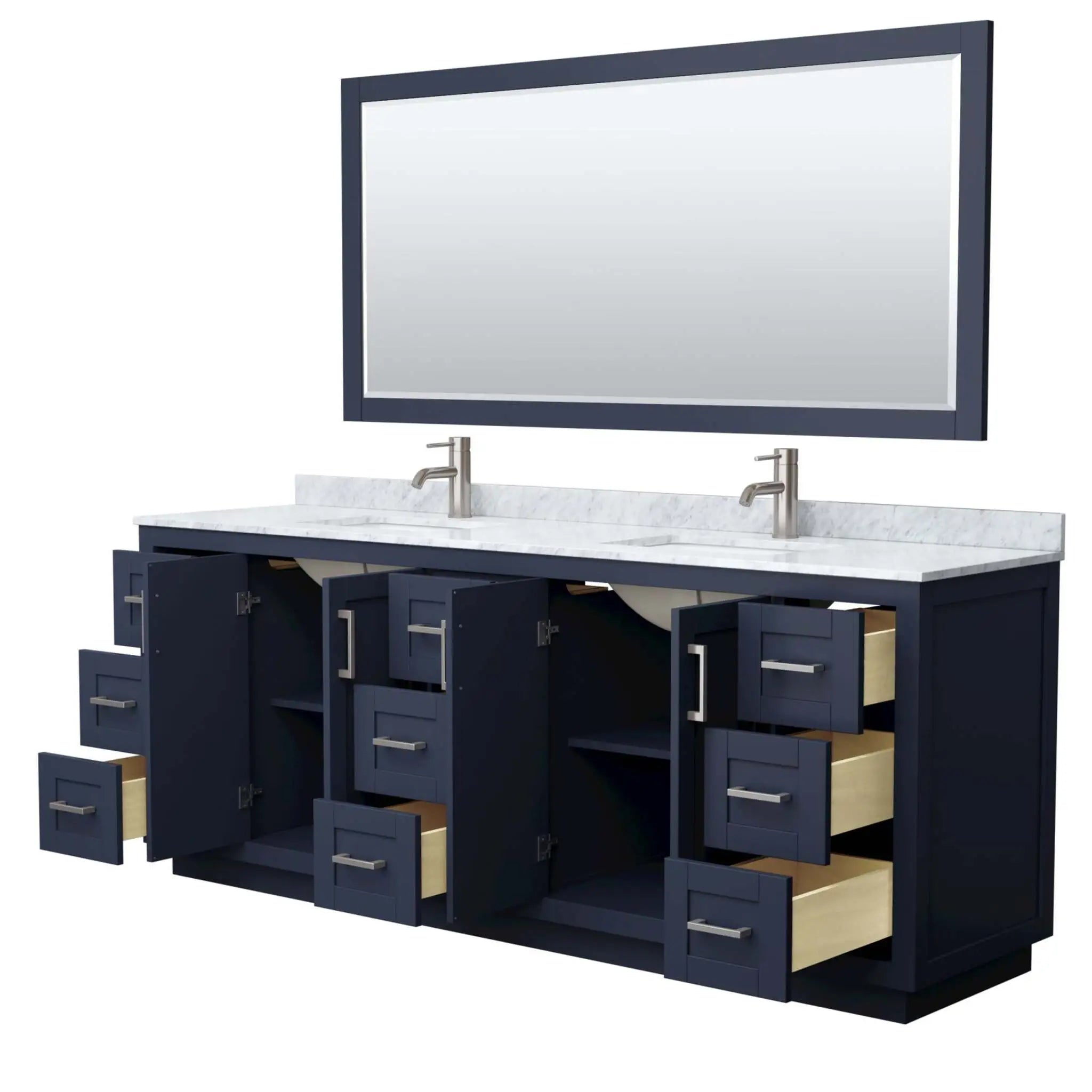 84" Miranda Double Bathroom Vanity in Dark Blue with Brushed Nickel Trim & 70" Mirror by Wyndham