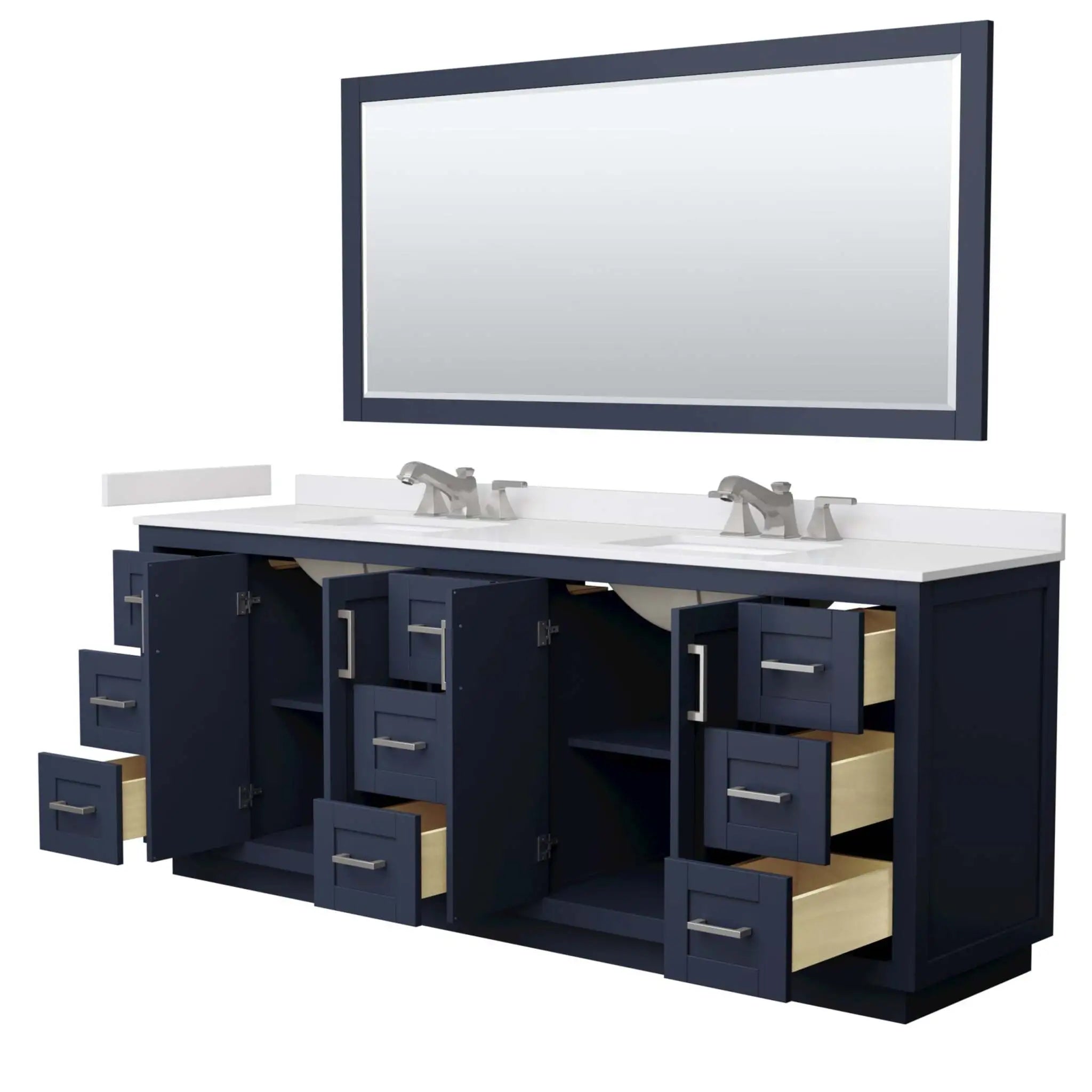 84" Miranda Double Bathroom Vanity in Dark Blue with Brushed Nickel Trim & 70" Mirror by Wyndham