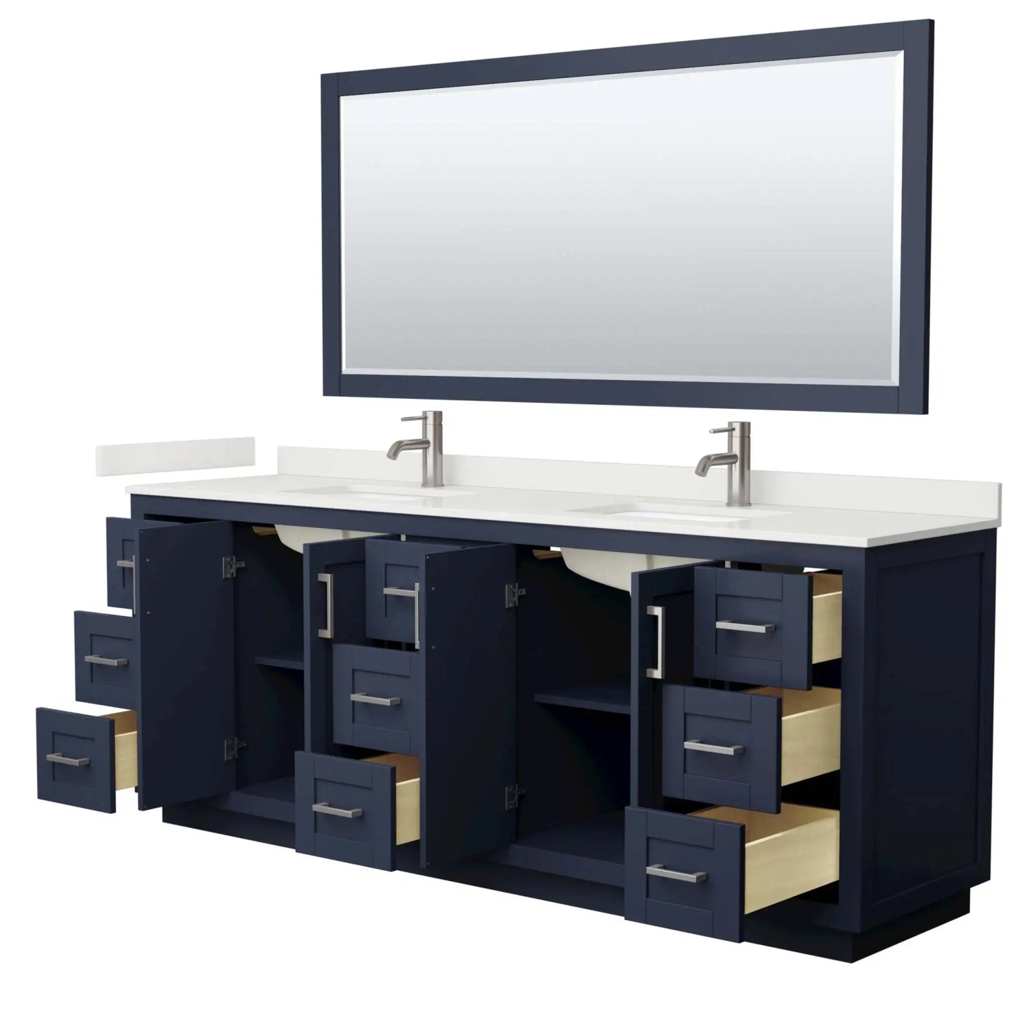 84" Miranda Double Bathroom Vanity in Dark Blue with Brushed Nickel Trim & 70" Mirror by Wyndham