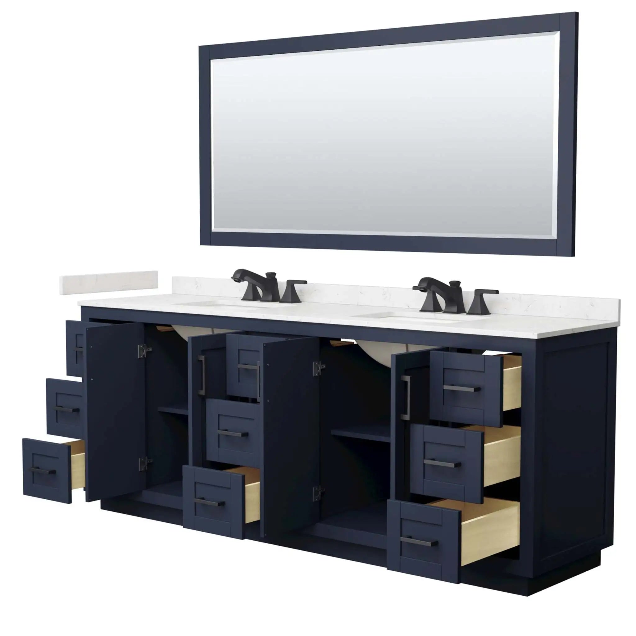 84" Miranda Double Bathroom Vanity in Dark Blue with Matte Black Trim & 70" Mirror by Wyndham