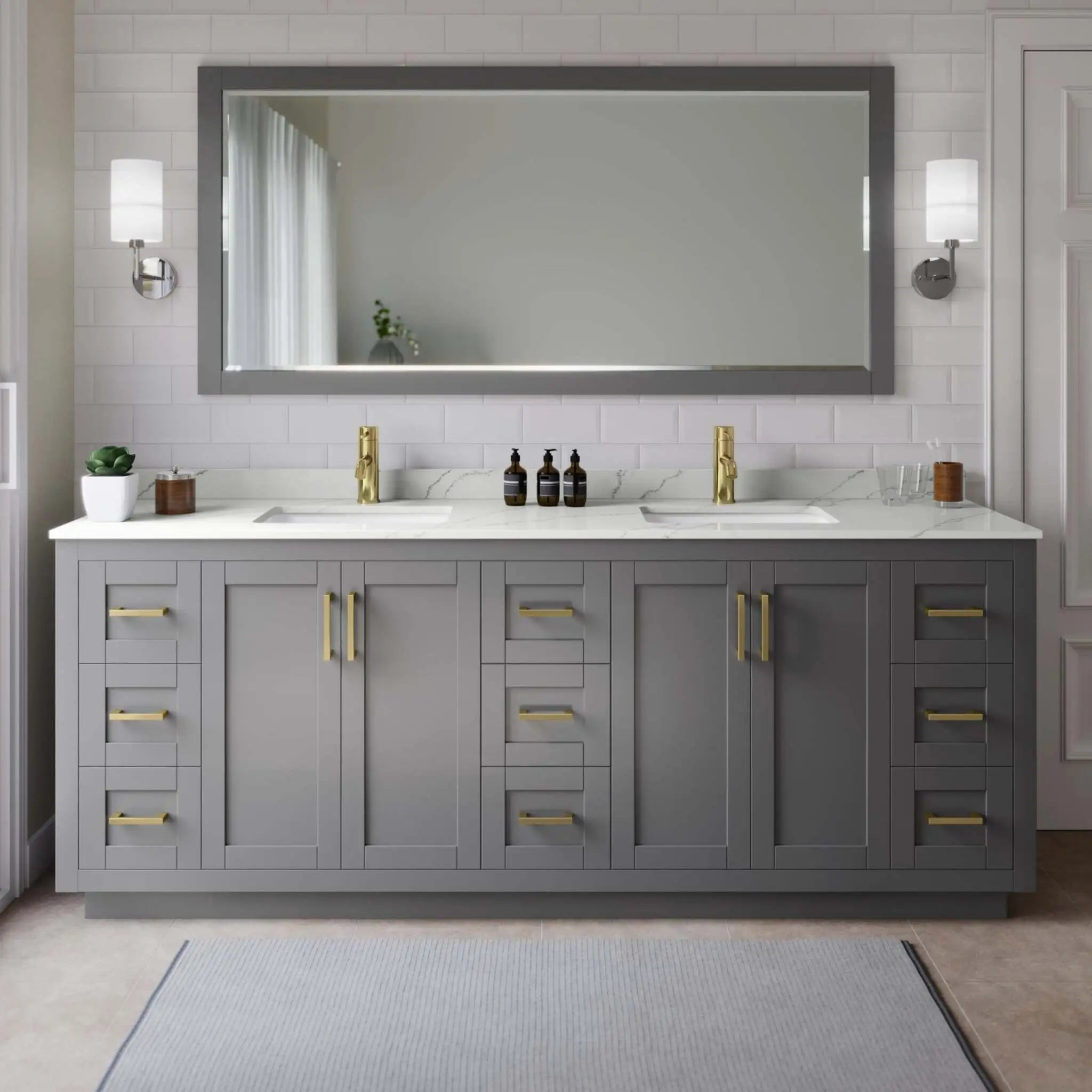 84" Miranda Double Bathroom Vanity in Dark Gray with Brushed Gold Trim & 70" Mirror by Wyndham