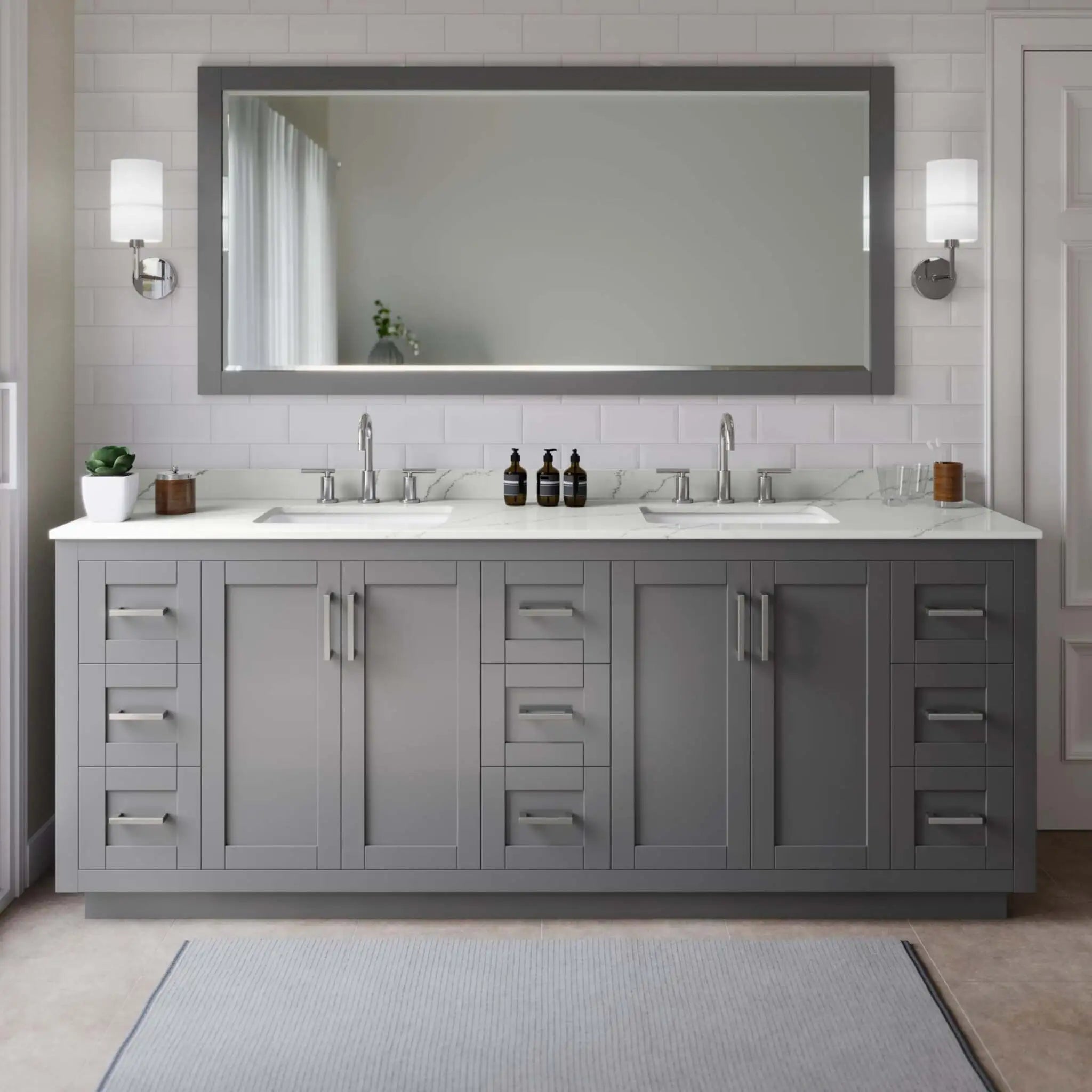 84" Miranda Double Bathroom Vanity in Dark Gray with Brushed Nickel Trim & 70" Mirror by Wyndham