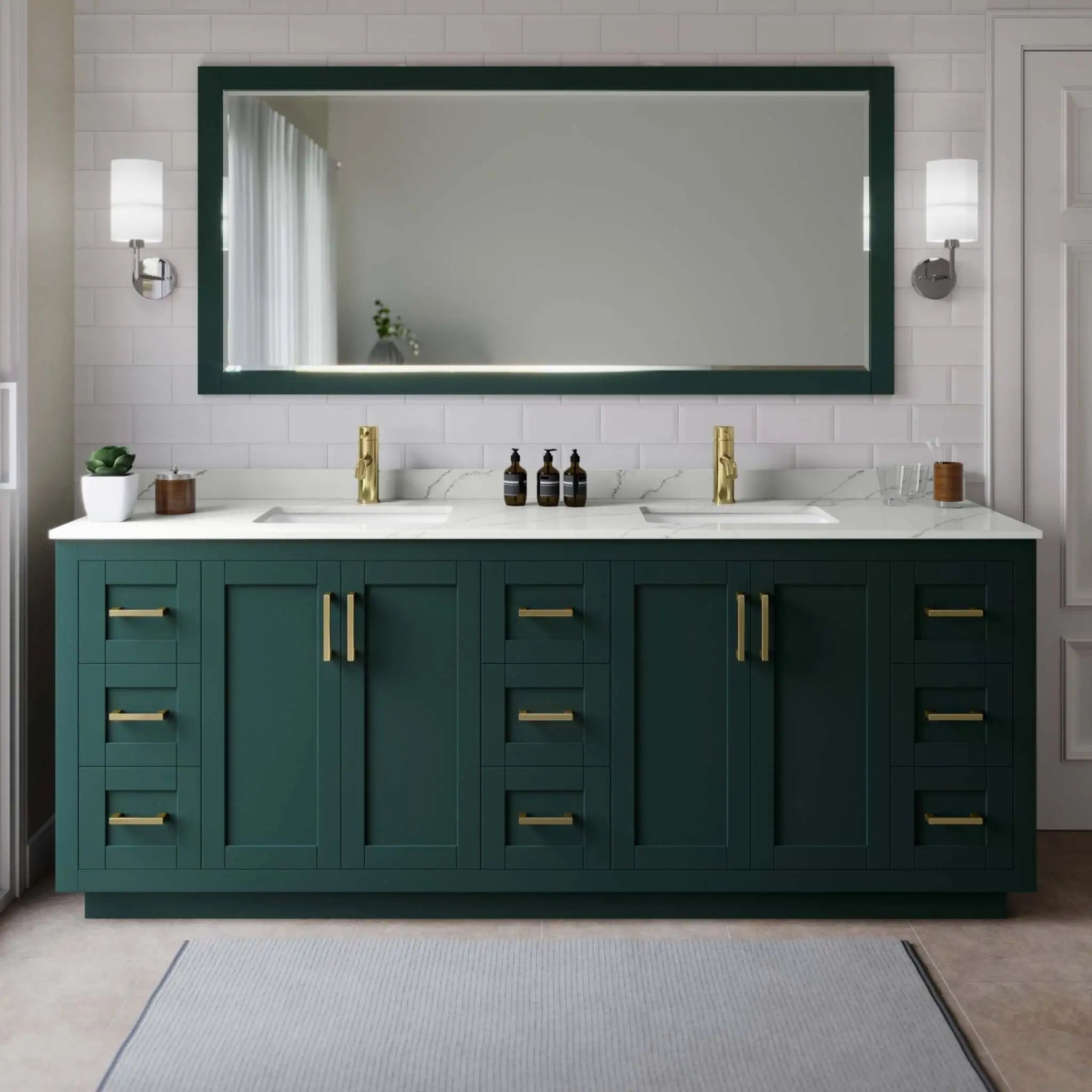 84" Miranda Double Bathroom Vanity in Green with Brushed Gold Trim & 70" Mirror by Wyndham