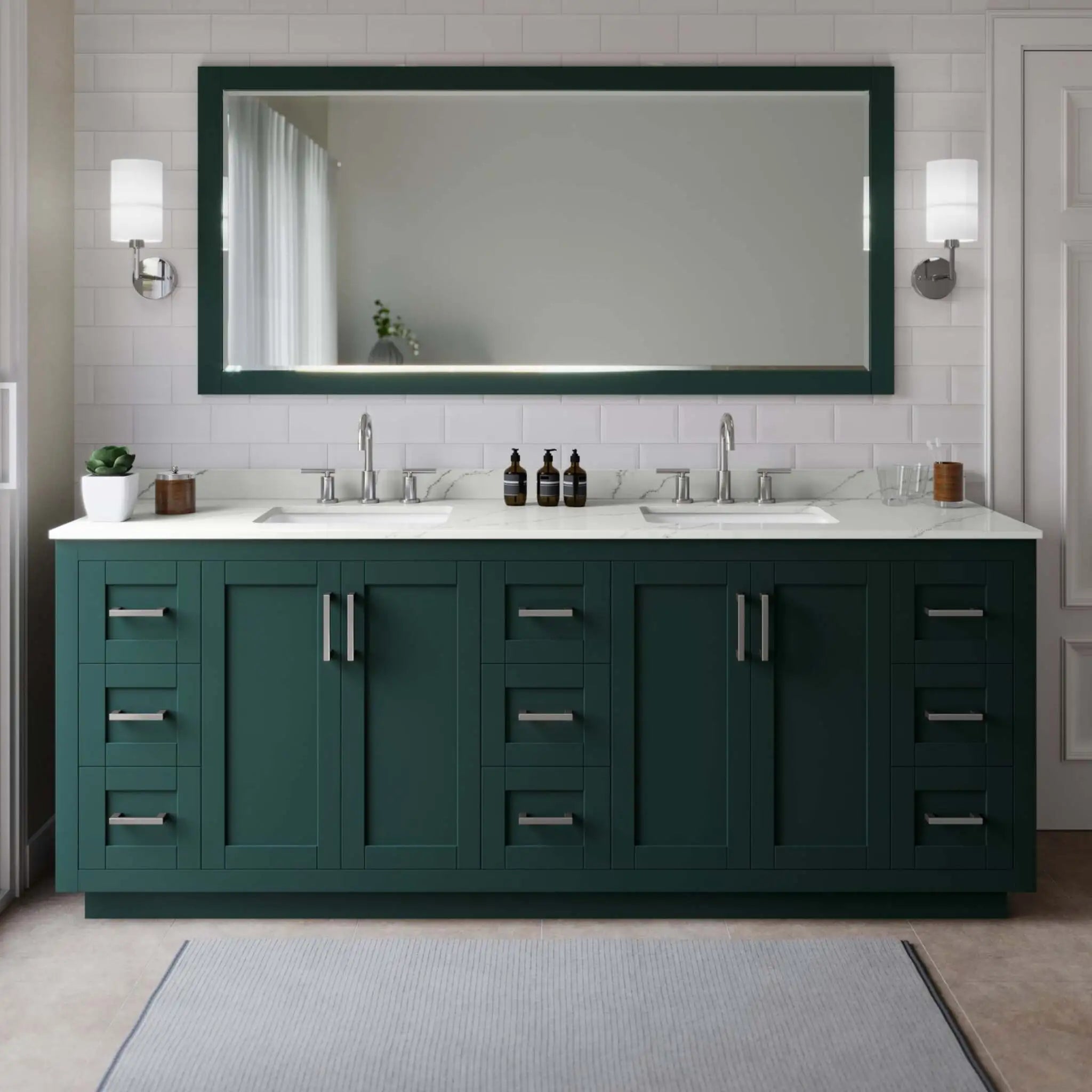 84" Miranda Double Bathroom Vanity in Green with Brushed Nickel Trim & 70" Mirror by Wyndham