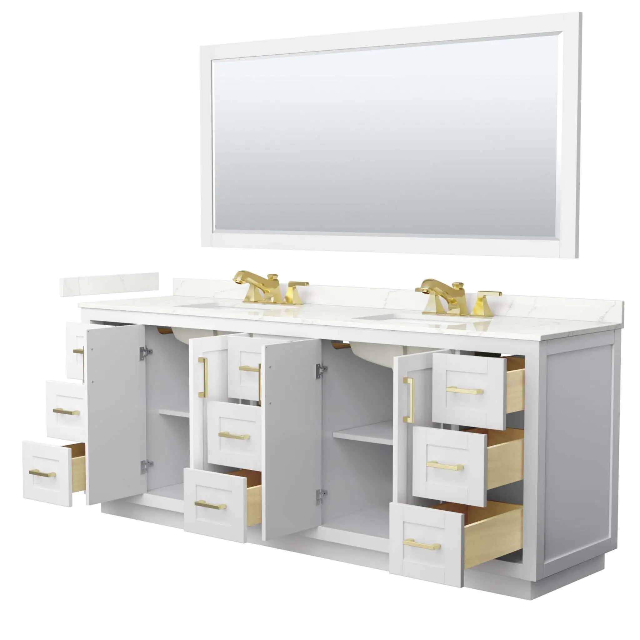84" Miranda Double Bathroom Vanity in White with Brushed Gold Trim & 70" Mirror by Wyndham