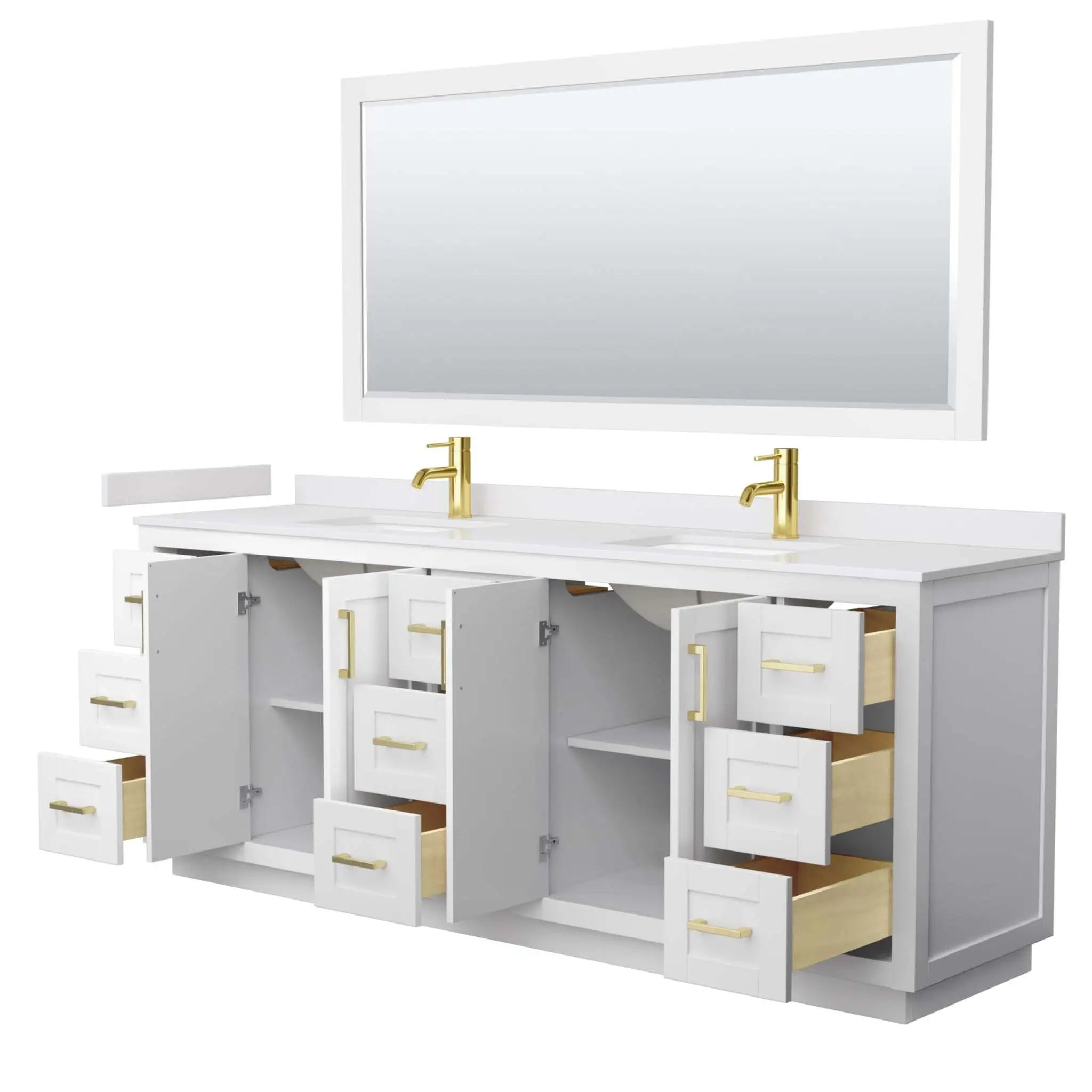 84" Miranda Double Bathroom Vanity in White with Brushed Gold Trim & 70" Mirror by Wyndham