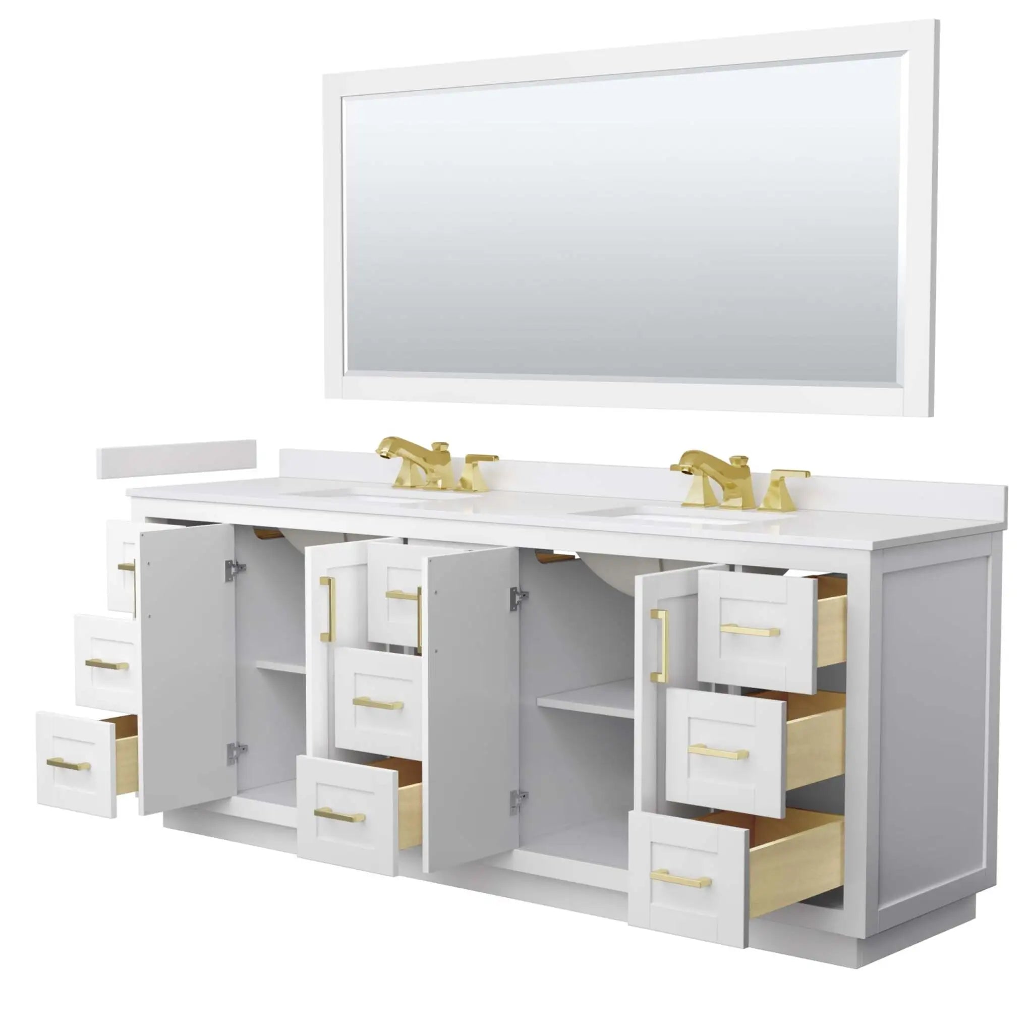 84" Miranda Double Bathroom Vanity in White with Brushed Gold Trim & 70" Mirror by Wyndham