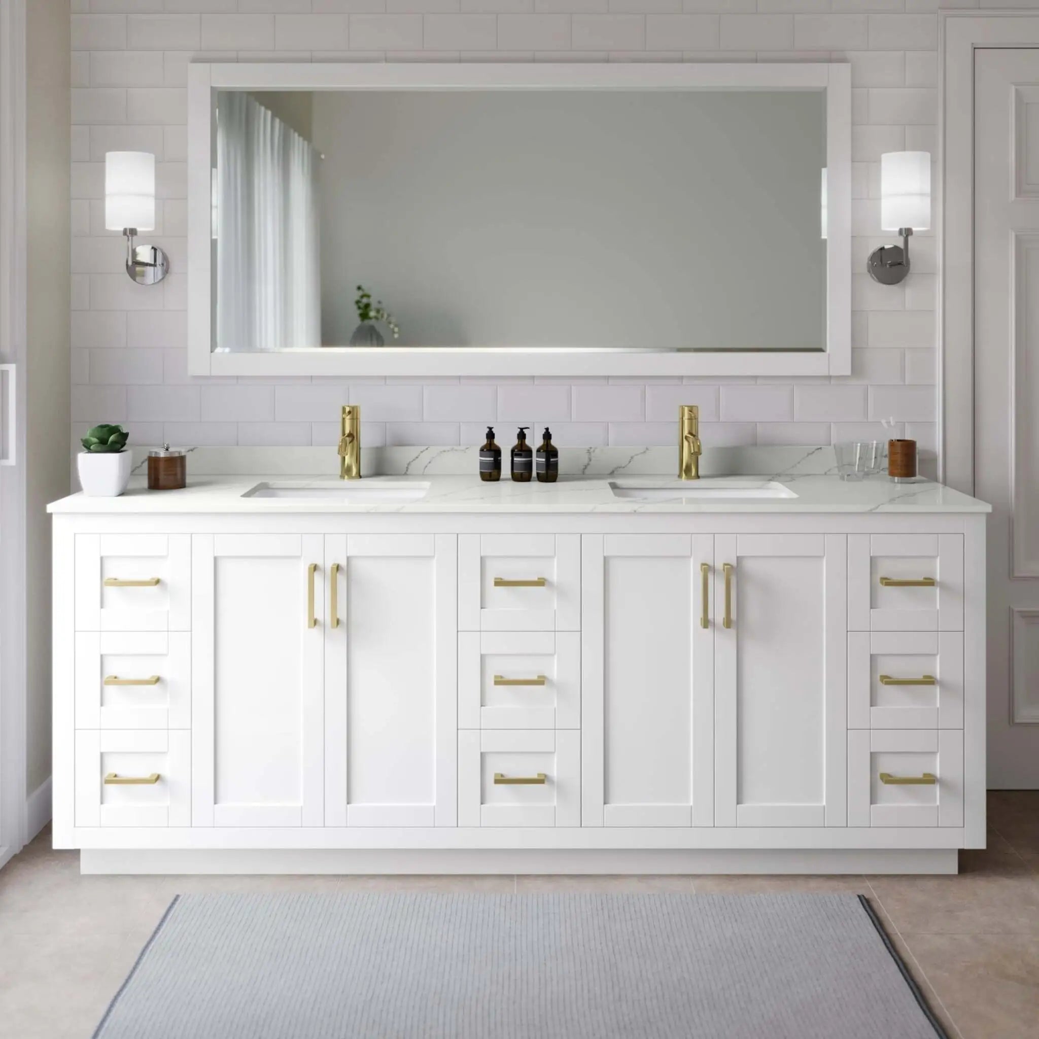 84" Miranda Double Bathroom Vanity in White with Brushed Gold Trim by Wyndham