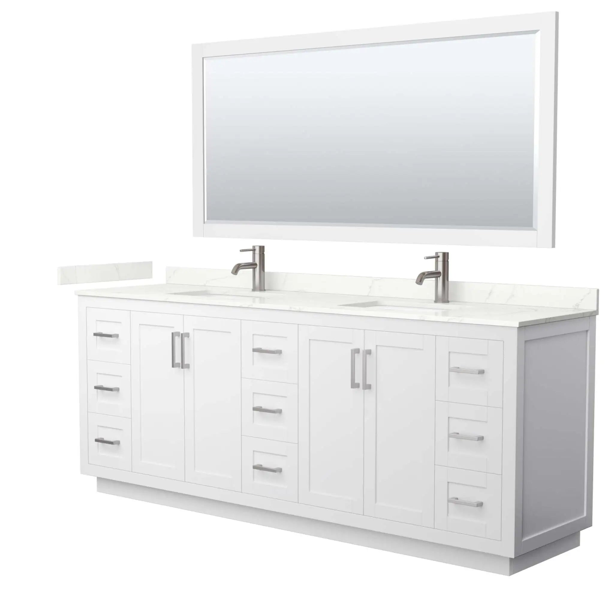 84" Miranda Double Bathroom Vanity in White with Brushed Nickel Trim & 70" Mirror by Wyndham