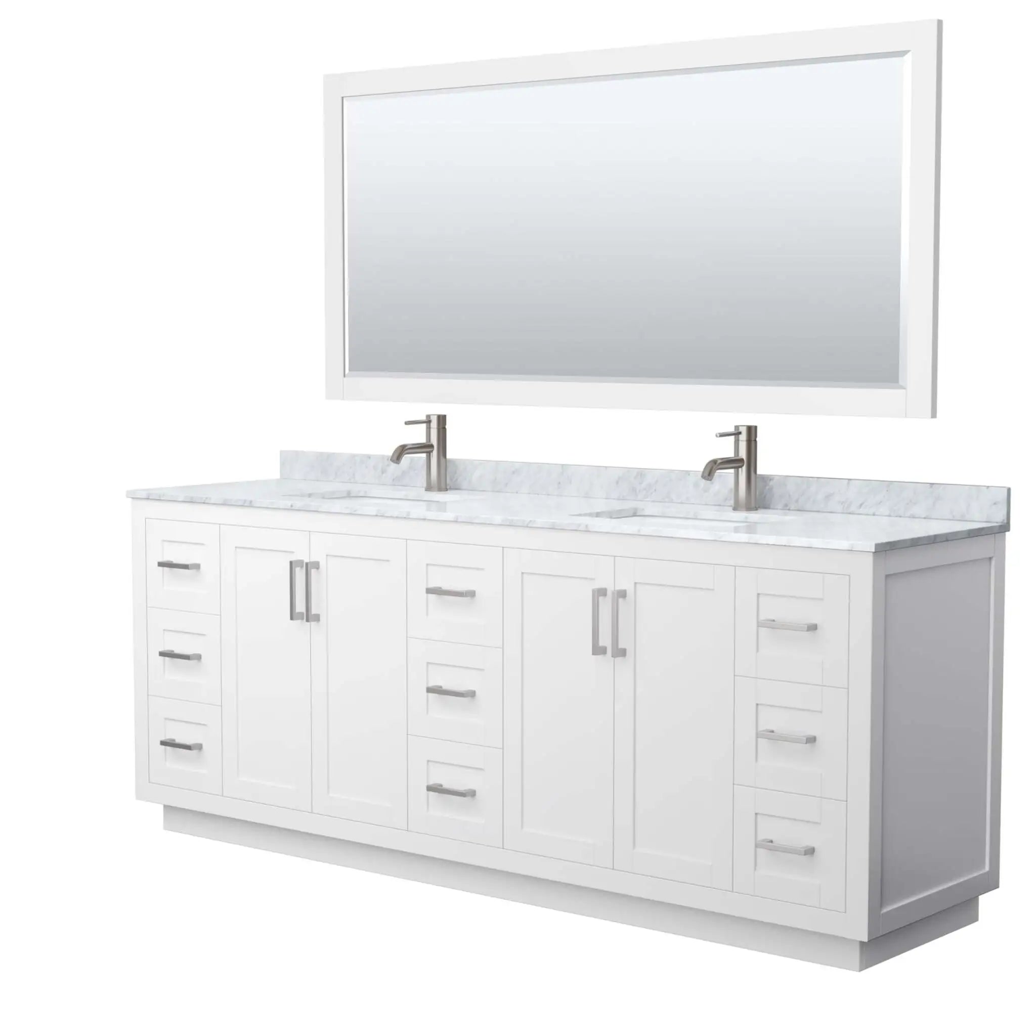 84" Miranda Double Bathroom Vanity in White with Brushed Nickel Trim & 70" Mirror by Wyndham