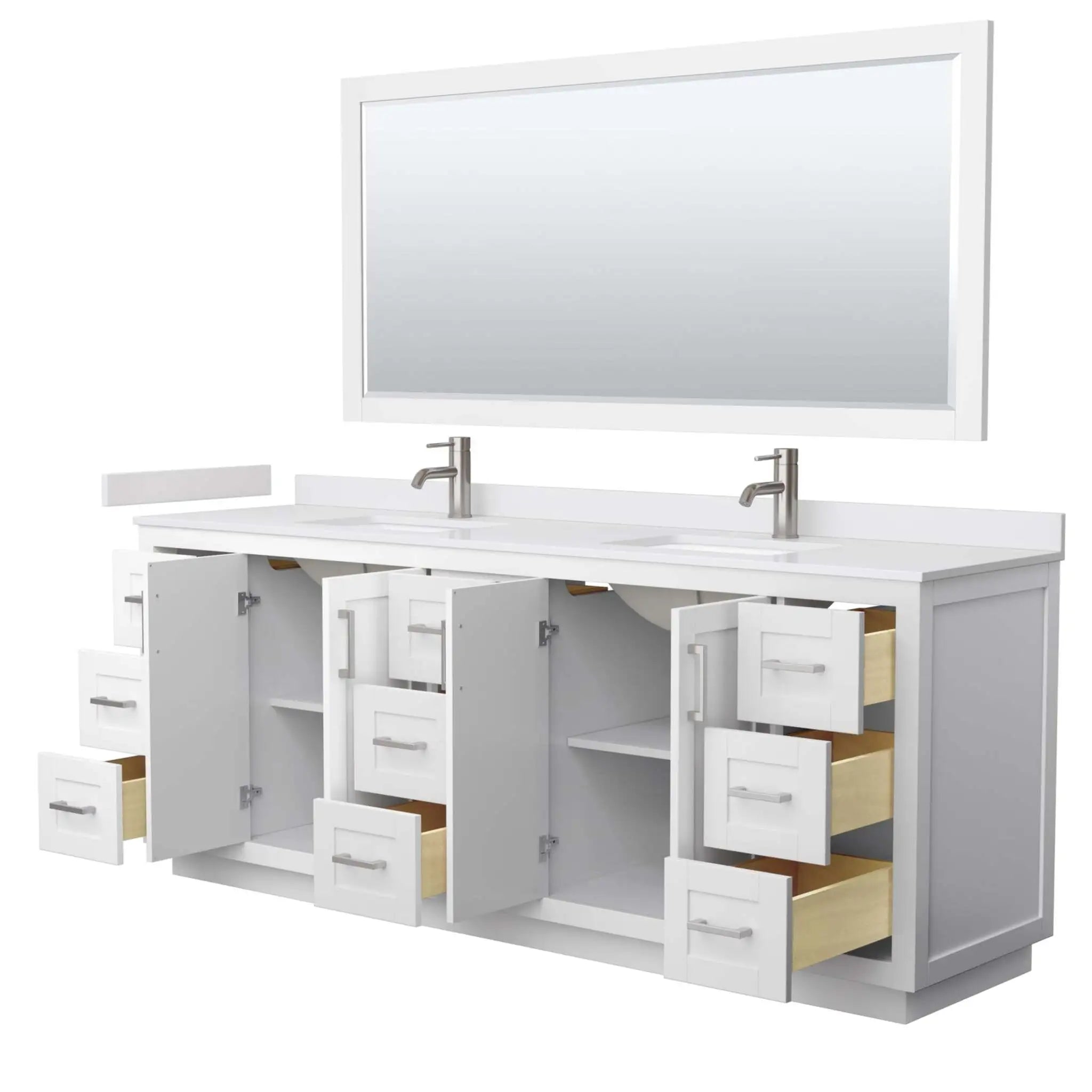 84" Miranda Double Bathroom Vanity in White with Brushed Nickel Trim & 70" Mirror by Wyndham