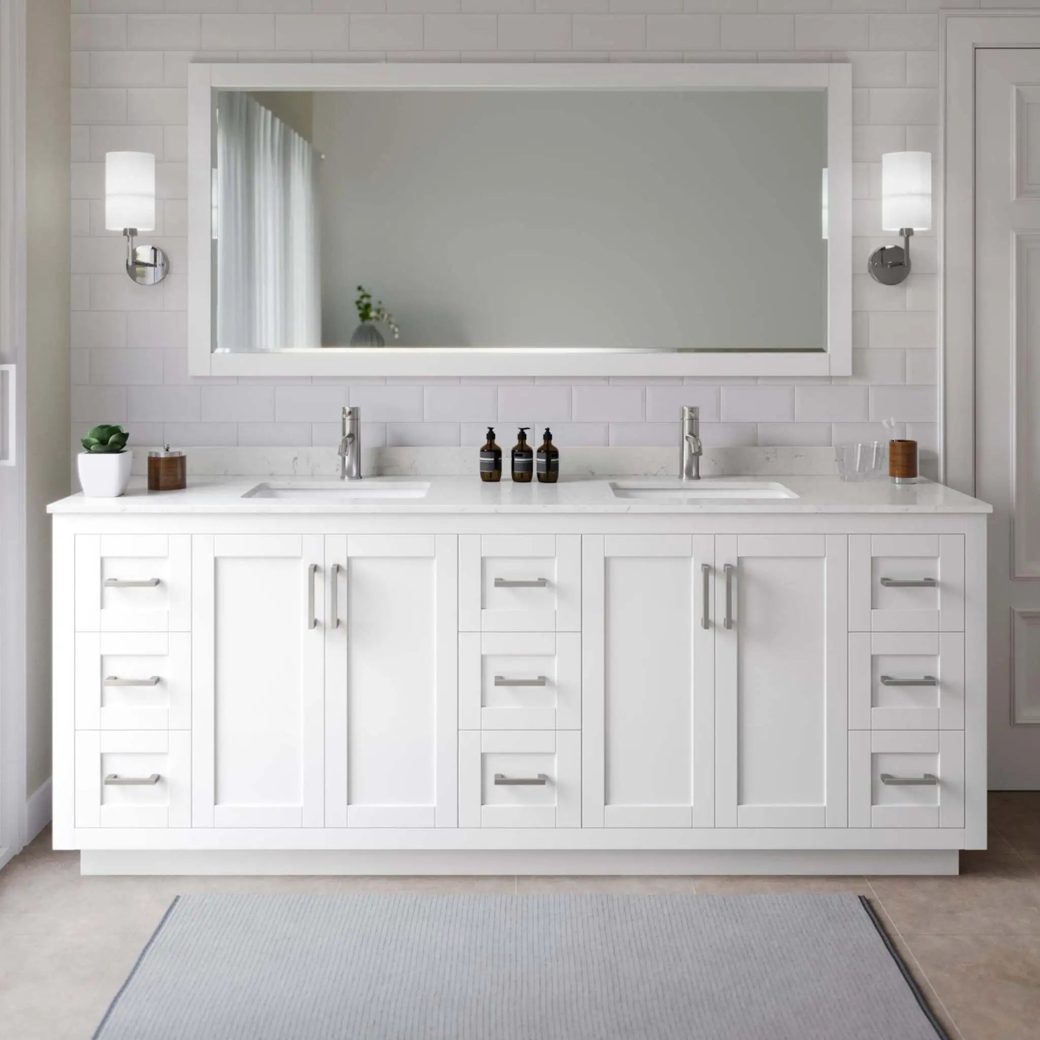 84" Miranda Double Bathroom Vanity in White with Brushed Nickel Trim by Wyndham