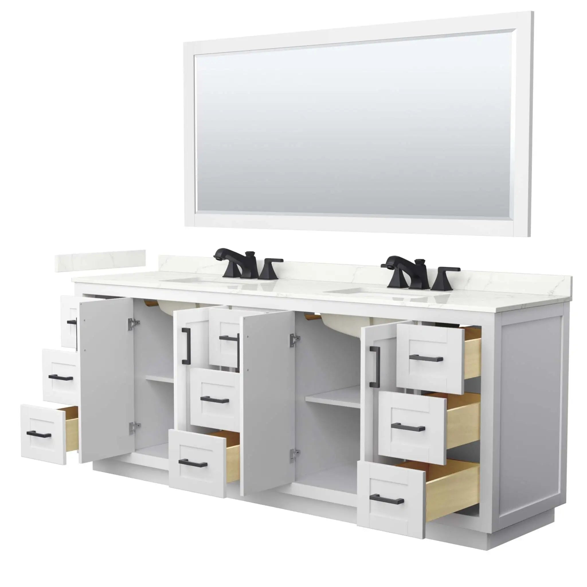 84" Miranda Double Bathroom Vanity in White with Matte Black Trim & 70" Mirror by Wyndham