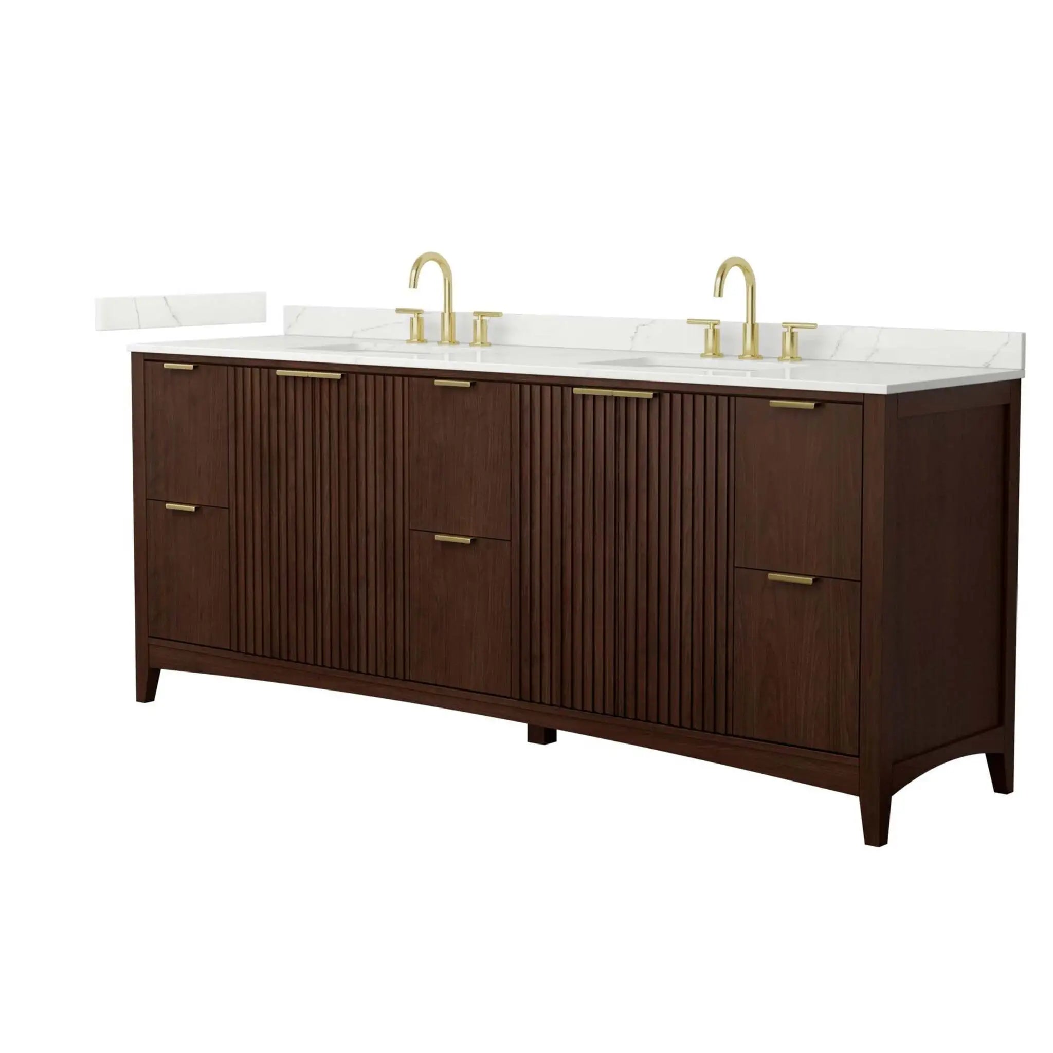 84" Palmilla Double Bathroom Vanity in Dark Walnut with Brushed Gold Trim by Wyndham