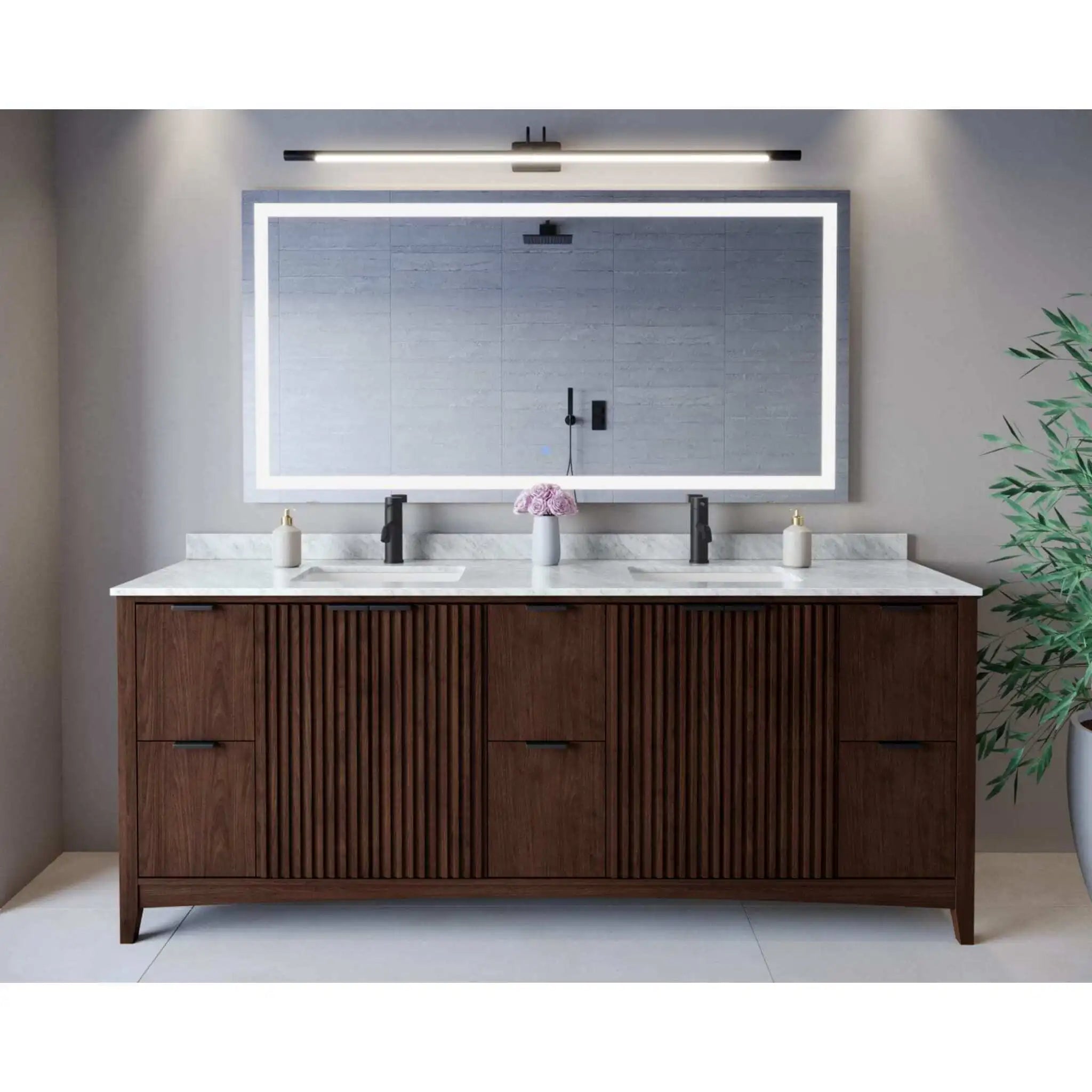 84" Palmilla Double Bathroom Vanity in Dark Walnut with Matte Black Trim by Wyndham