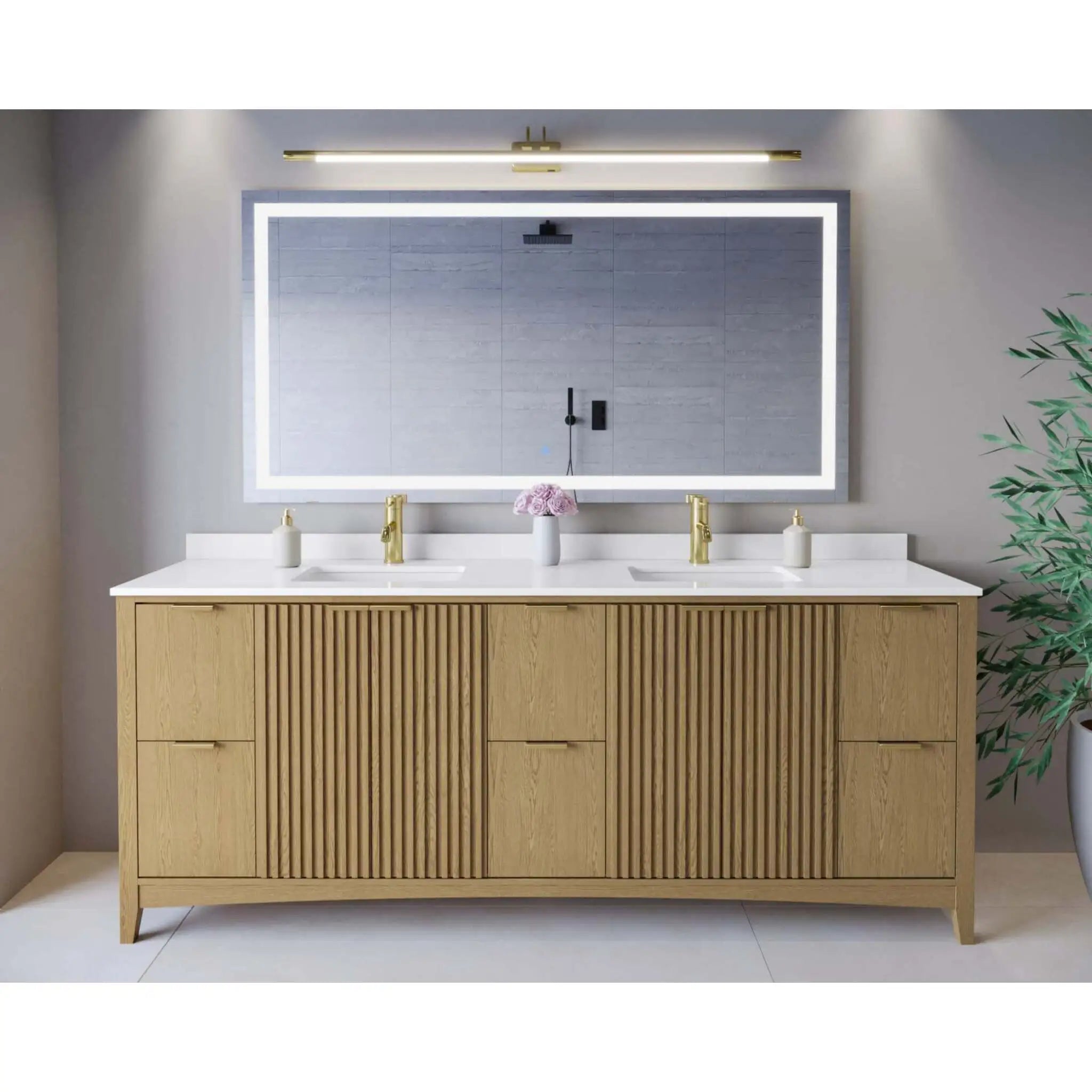 84" Palmilla Double Bathroom Vanity in Natural Oak with Brushed Gold Trim by Wyndham