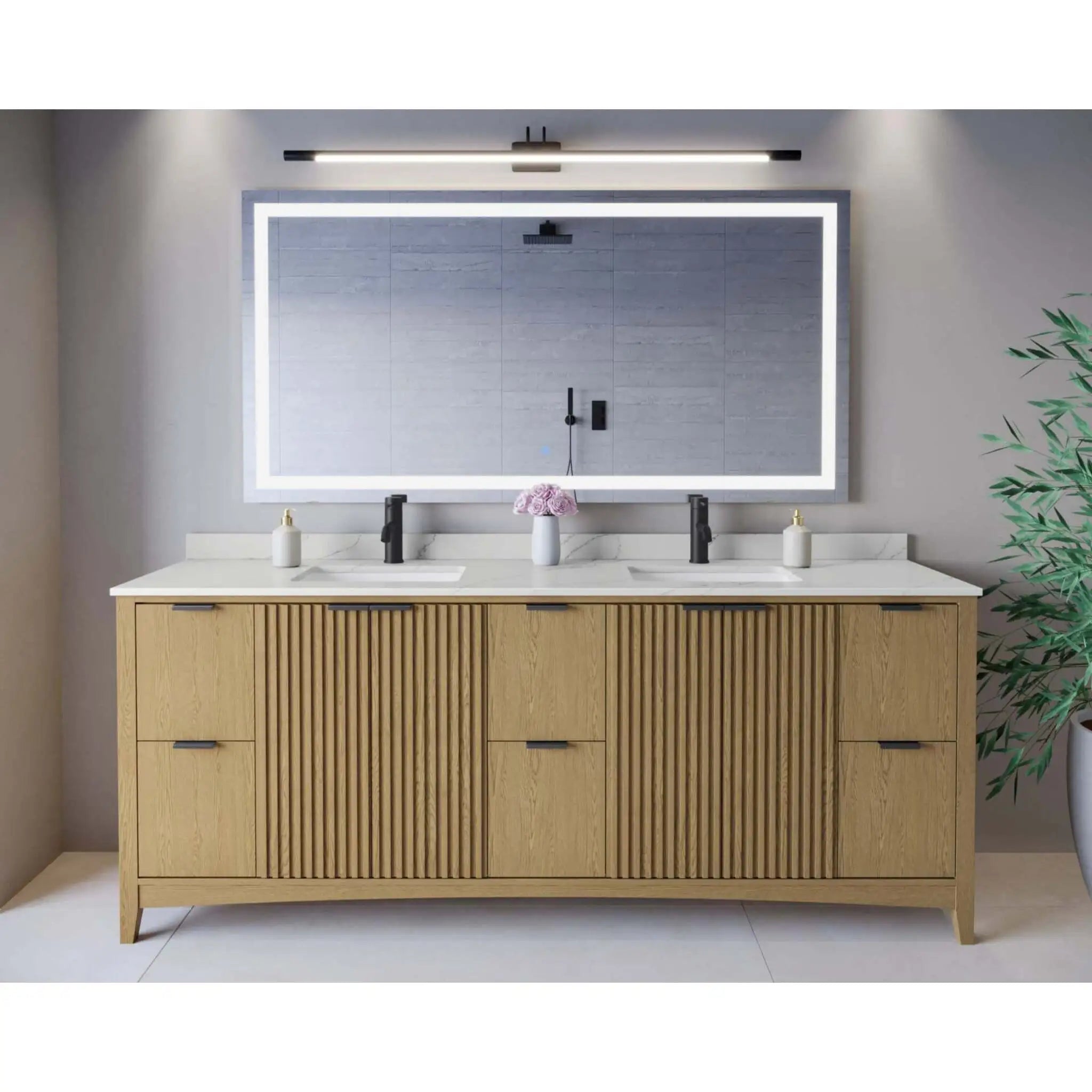 84" Palmilla Double Bathroom Vanity in Natural Oak with Matte Black Trim by Wyndham
