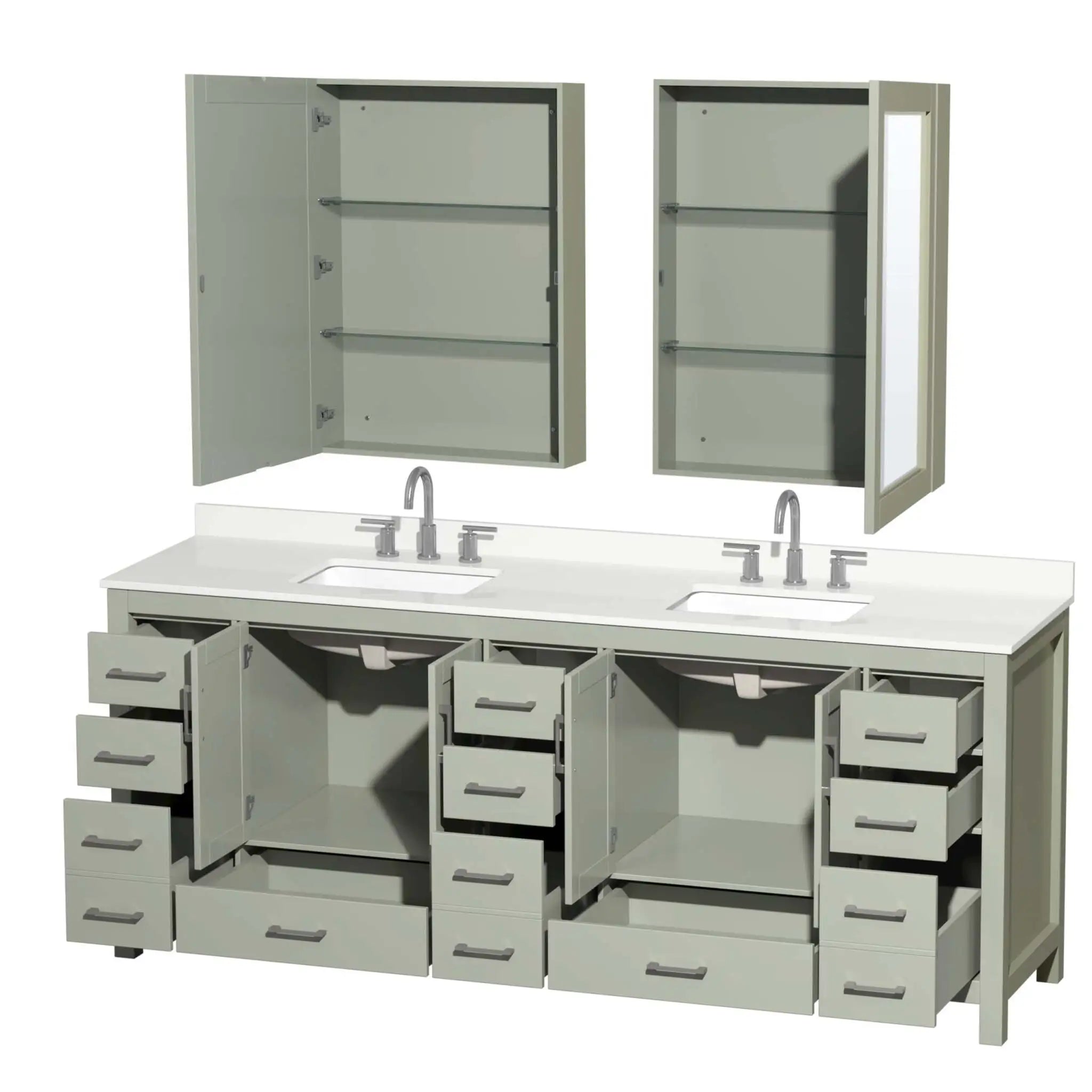 84" Sheffield 84 inch Double Bathroom Vanity in Light Green with Brushed Nickel Trim & Medicine Cabinet by Wyndham