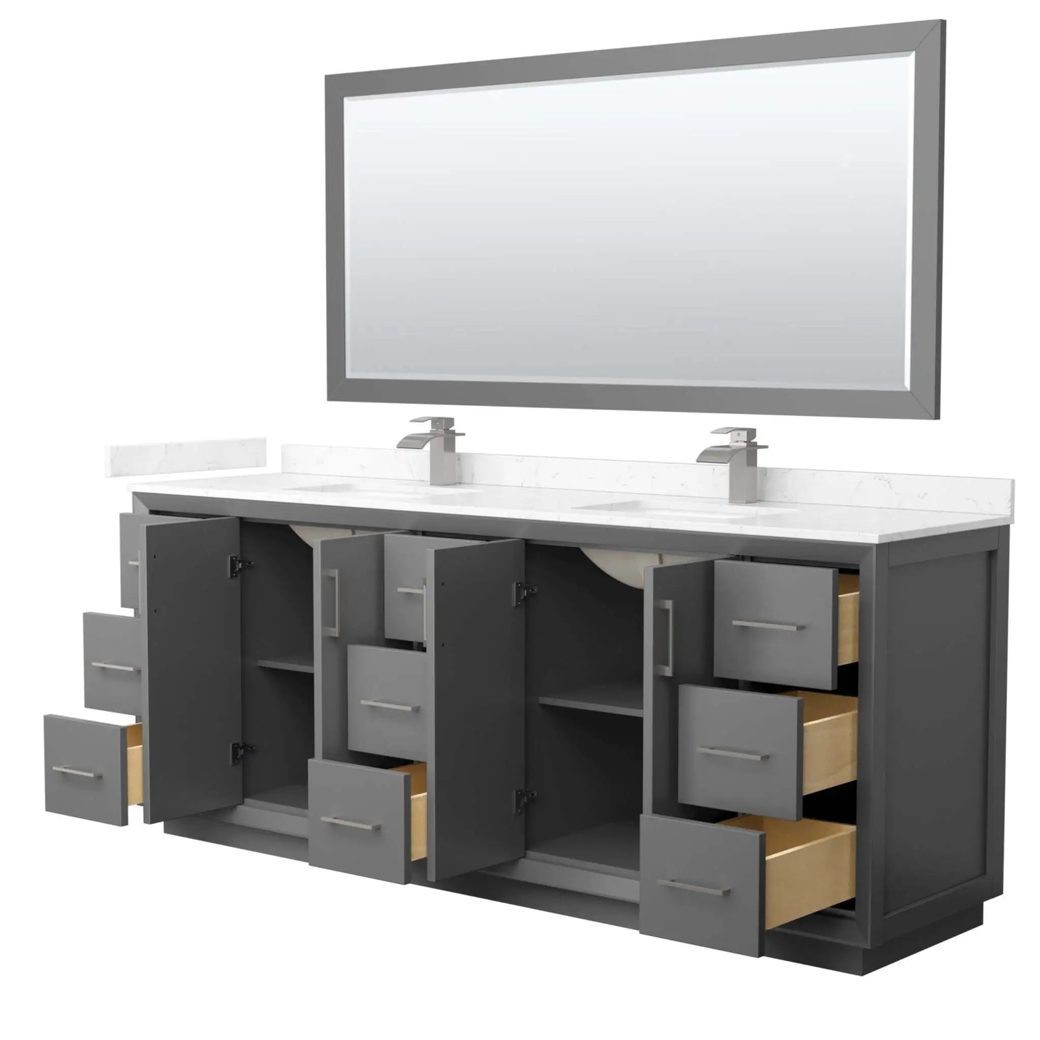 84" Strada Double Bathroom Vanity in Dark Gray with Brushed Nickel Trim & 70" Mirror by Wyndham