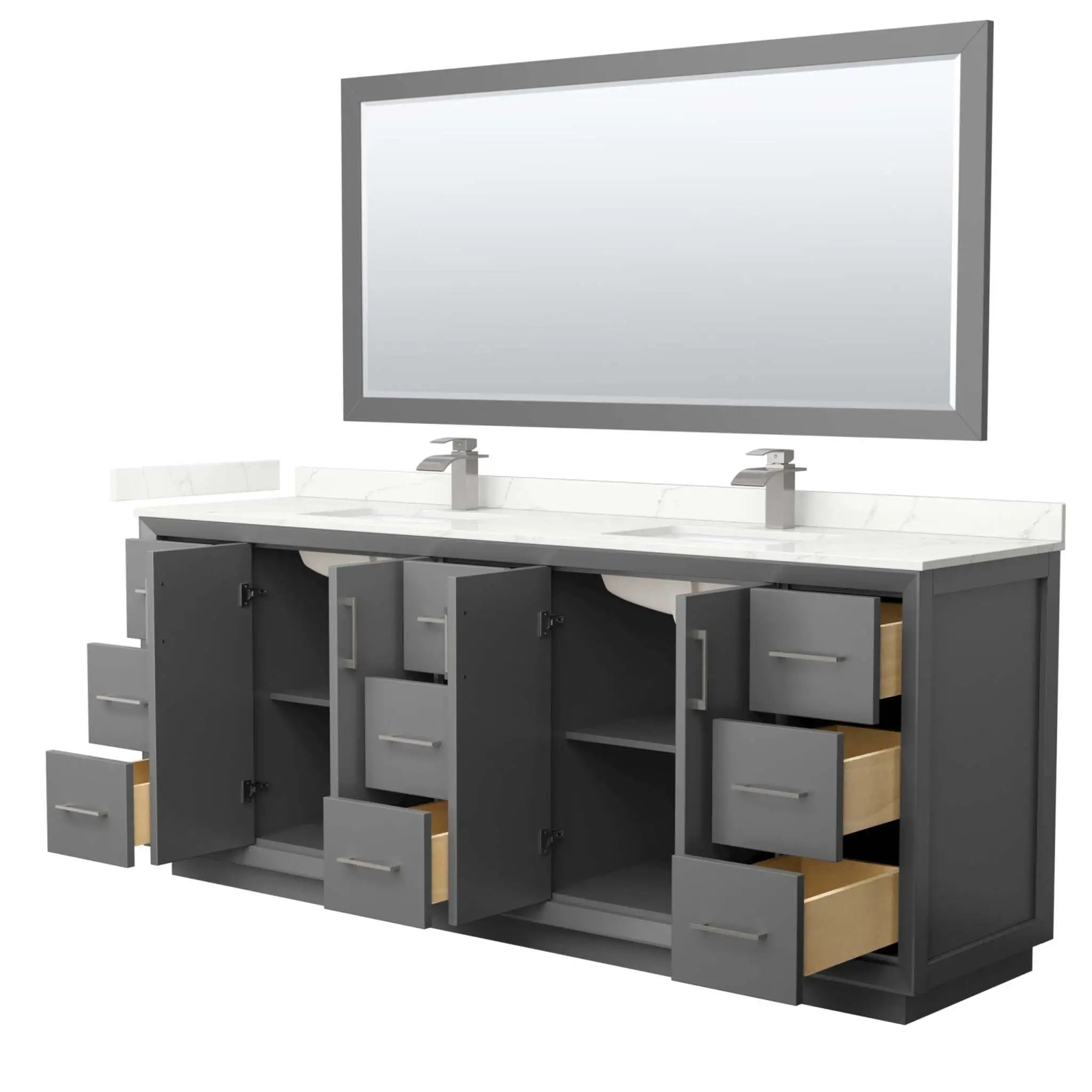 84" Strada Double Bathroom Vanity in Dark Gray with Brushed Nickel Trim & 70" Mirror by Wyndham