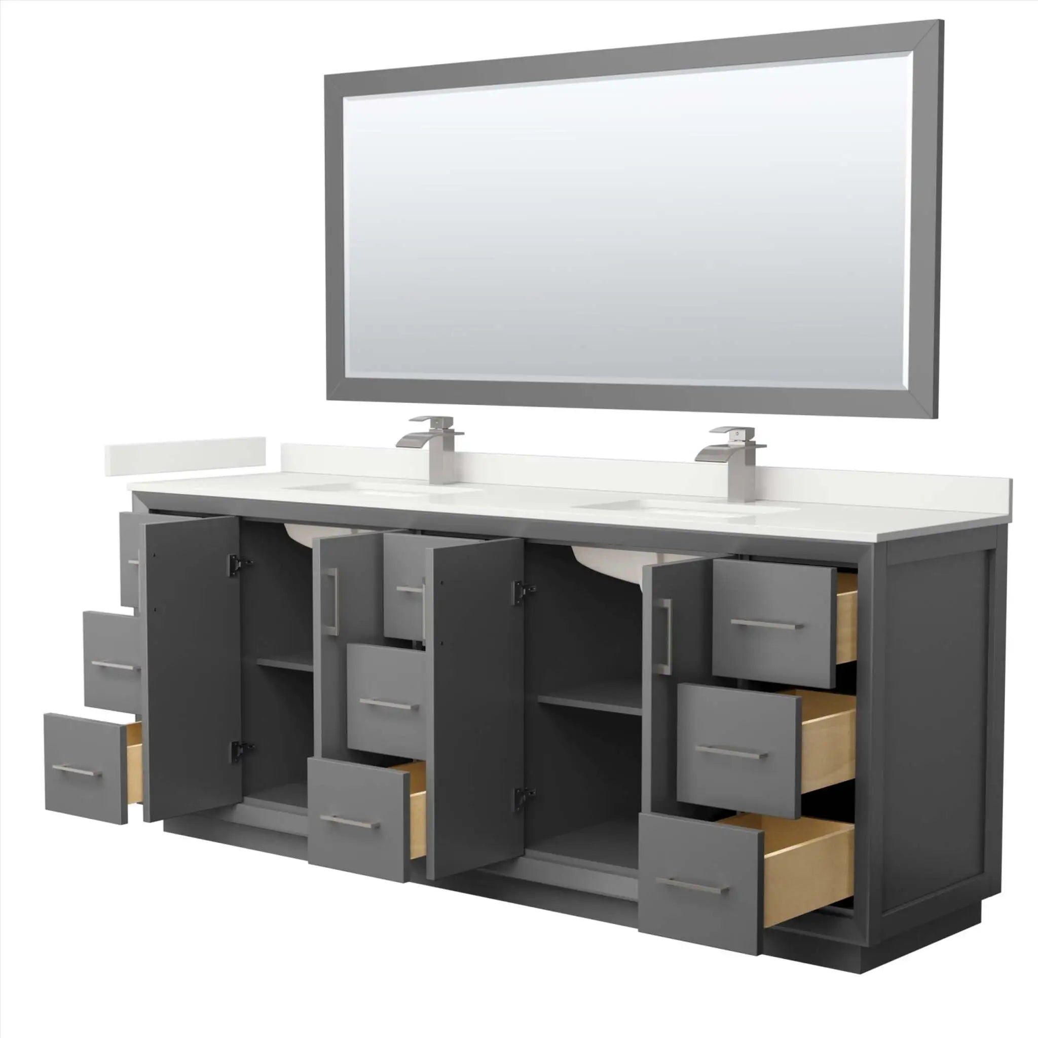 84" Strada Double Bathroom Vanity in Dark Gray with Brushed Nickel Trim & 70" Mirror by Wyndham