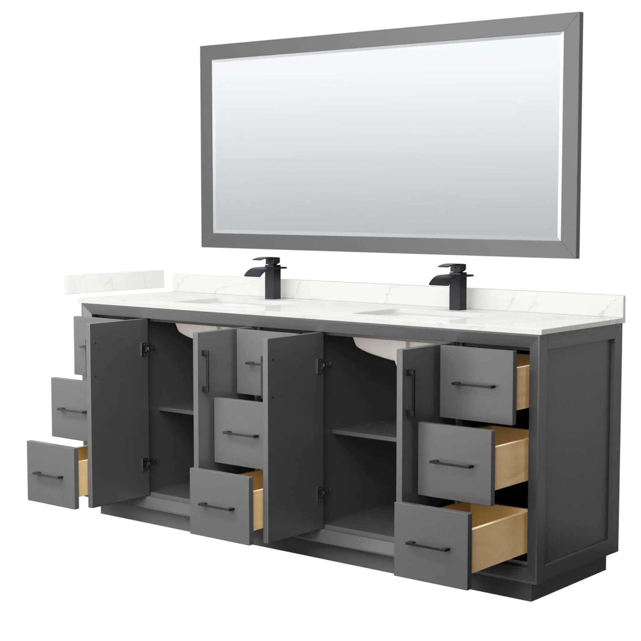 84" Strada Double Bathroom Vanity in Dark Gray with Matte Black Trim & 70" Mirror by Wyndham