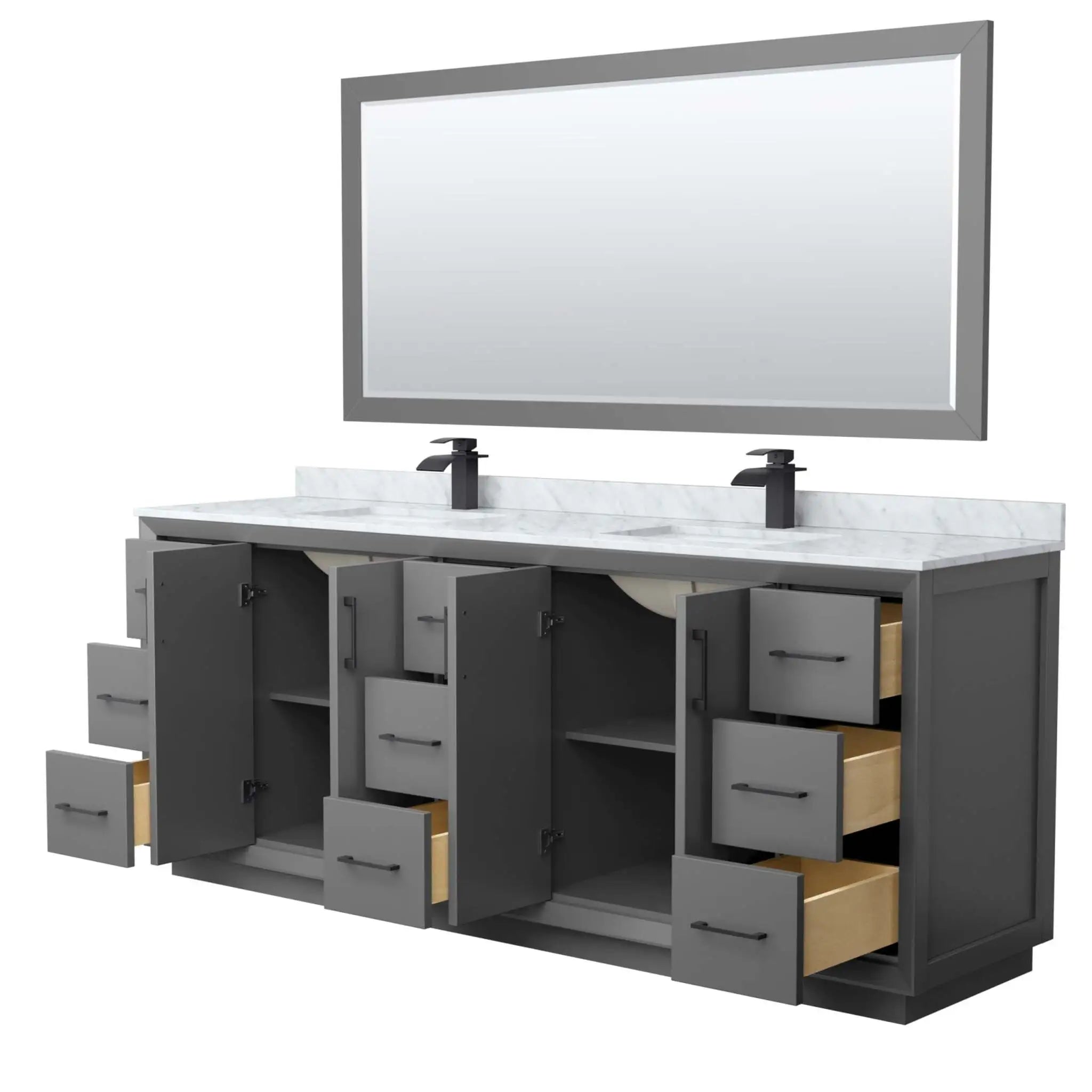 84" Strada Double Bathroom Vanity in Dark Gray with Matte Black Trim & 70" Mirror by Wyndham