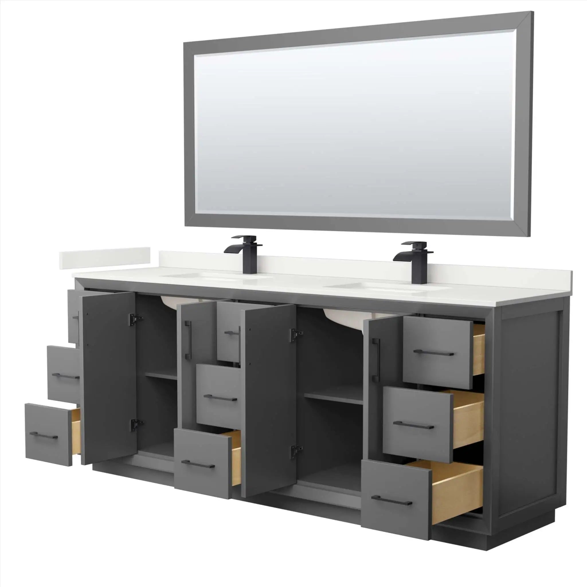 84" Strada Double Bathroom Vanity in Dark Gray with Matte Black Trim & 70" Mirror by Wyndham